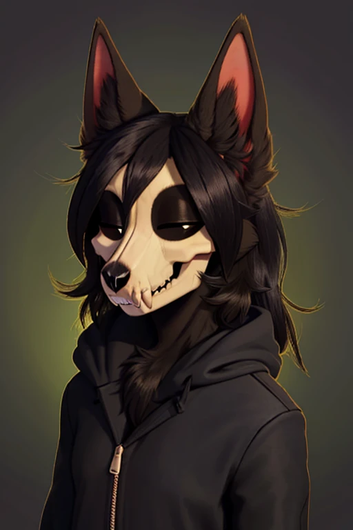 ((best quality)), ((Meisterwerk)), (detailliert), pelzig, Skull dog species, ((Half of the head is a visible skull with no flesh)), schwarzes Fell, keine Augen, portrait, fursona, ok, gespenstisch