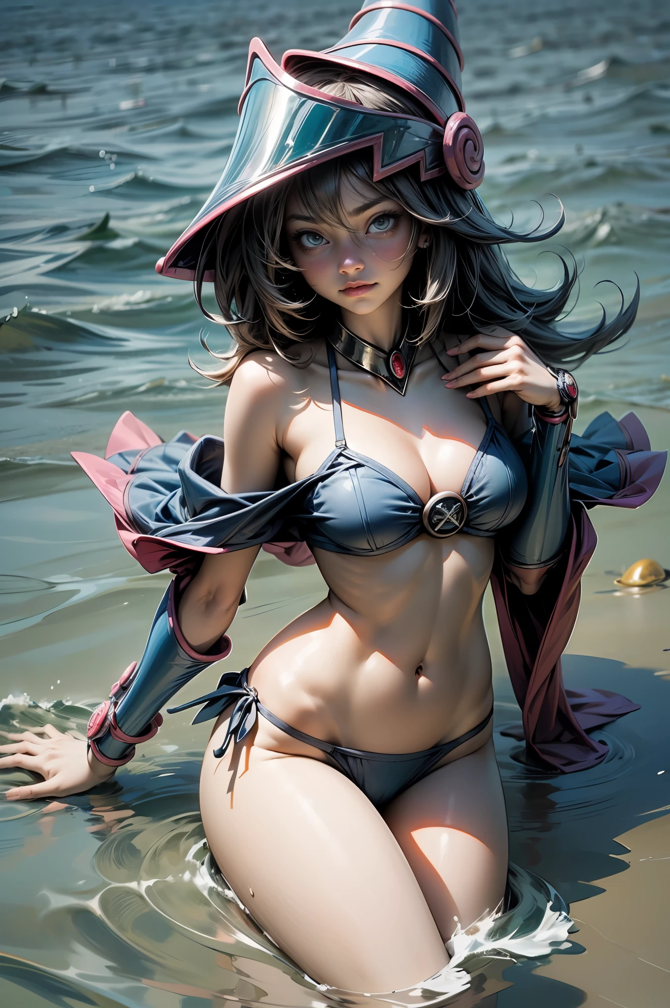 Hermosa dark magician gils en bikini. She is in the middle of the sea playing with the water. Cabello rubio. Ojos azules. Labios rojos. Bikini. Cuerpo mujado. Pose sensual y juguetona.