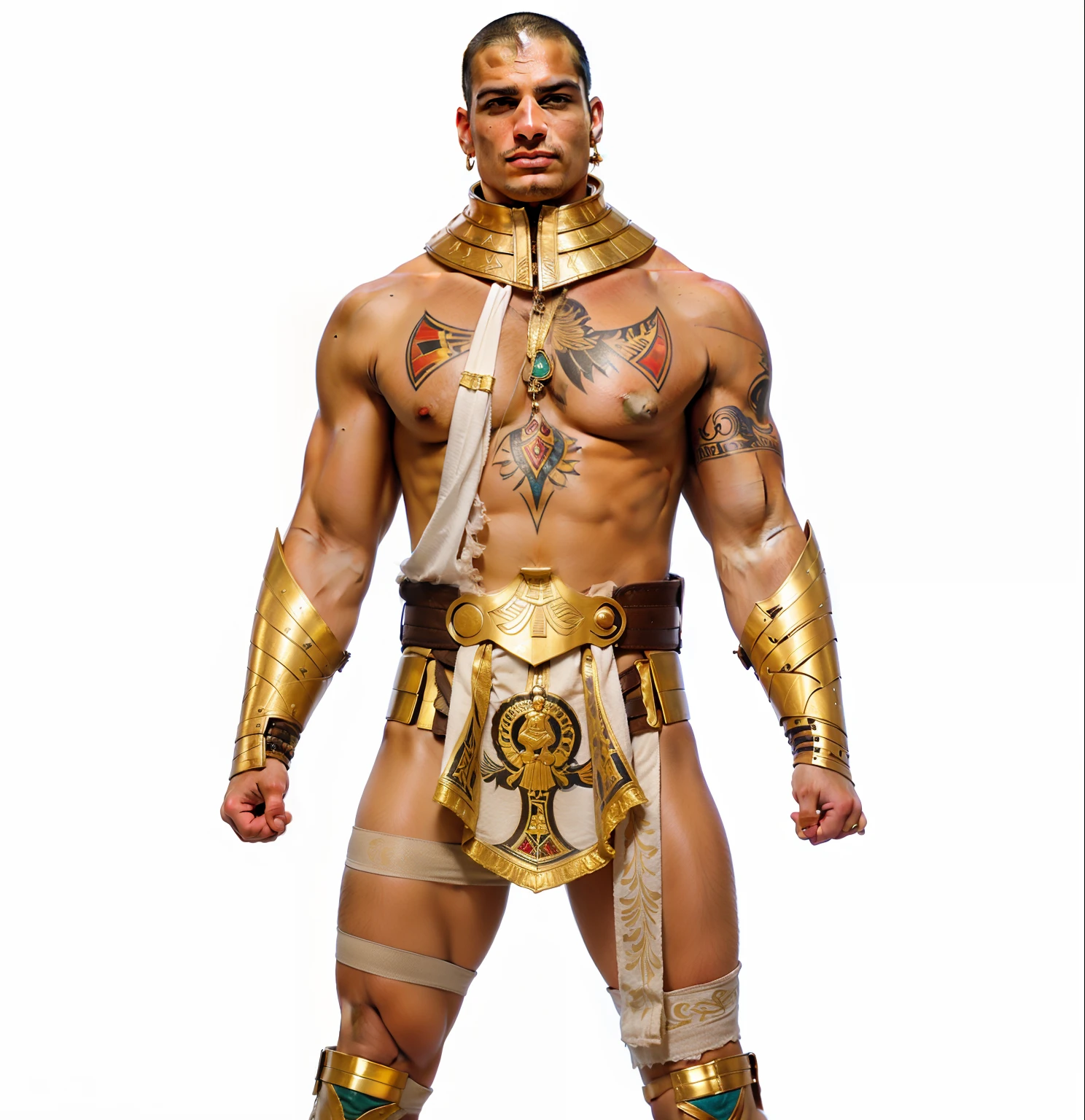 ((masterpiece, best quality)),man wrestler wearing egiptian style wrestling outfit with white linen wrap and hyroglips,gold armor around neck and wrists, egyptian style tattoos, shaved head, egyptian warrior, realistic face, realistic body, photo realistic, intricate details
