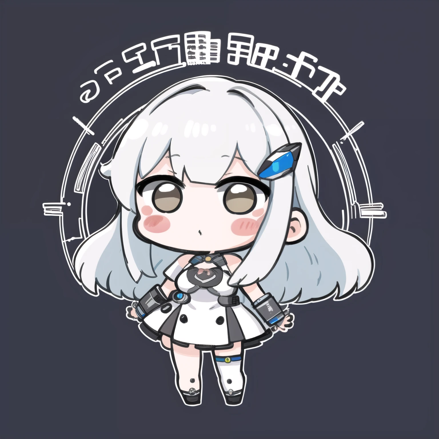 masterpiece, 1 white hair girl, internet explorer-chan, best quality, highly detailed, nozochibi, 1girl, solo, blush stickers, (chibi:1.4), simple background, full body, frieren, long hair, cyberpunk dress, happy pose, cute girl with ehite hair and white eyes, cyberpunk style girl, simple background