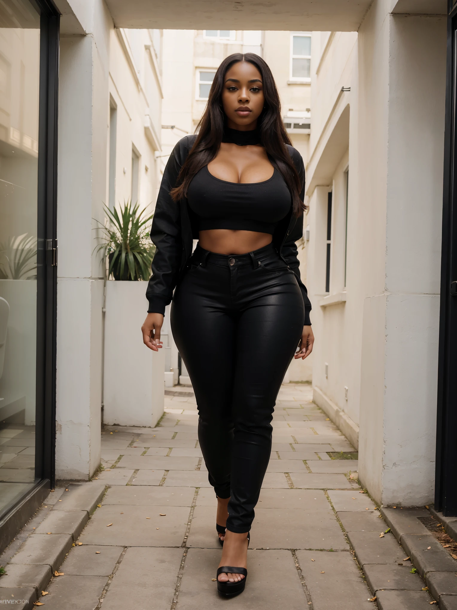 black woman, young goddess, gorgeous black lady, gorgeous black woman, gorgeous female, light skin, beautiful goddess, 24 years old, beautiful eyebrows, brown eyes, very beautiful, fitness body, very attractive, dear, very sweet, beautiful, beautiful model posing, long hair, hourglass waist, wide legs, medium breasts, big buttocks, curvy figure, beautiful thick, wide hips, thicc, curvy model, curvy accentuated booty, curvy body, skinny waist and thick hips, tight black pants, white t-shirt, dark green open jacket, elegant black sandals, black purse, streets of London