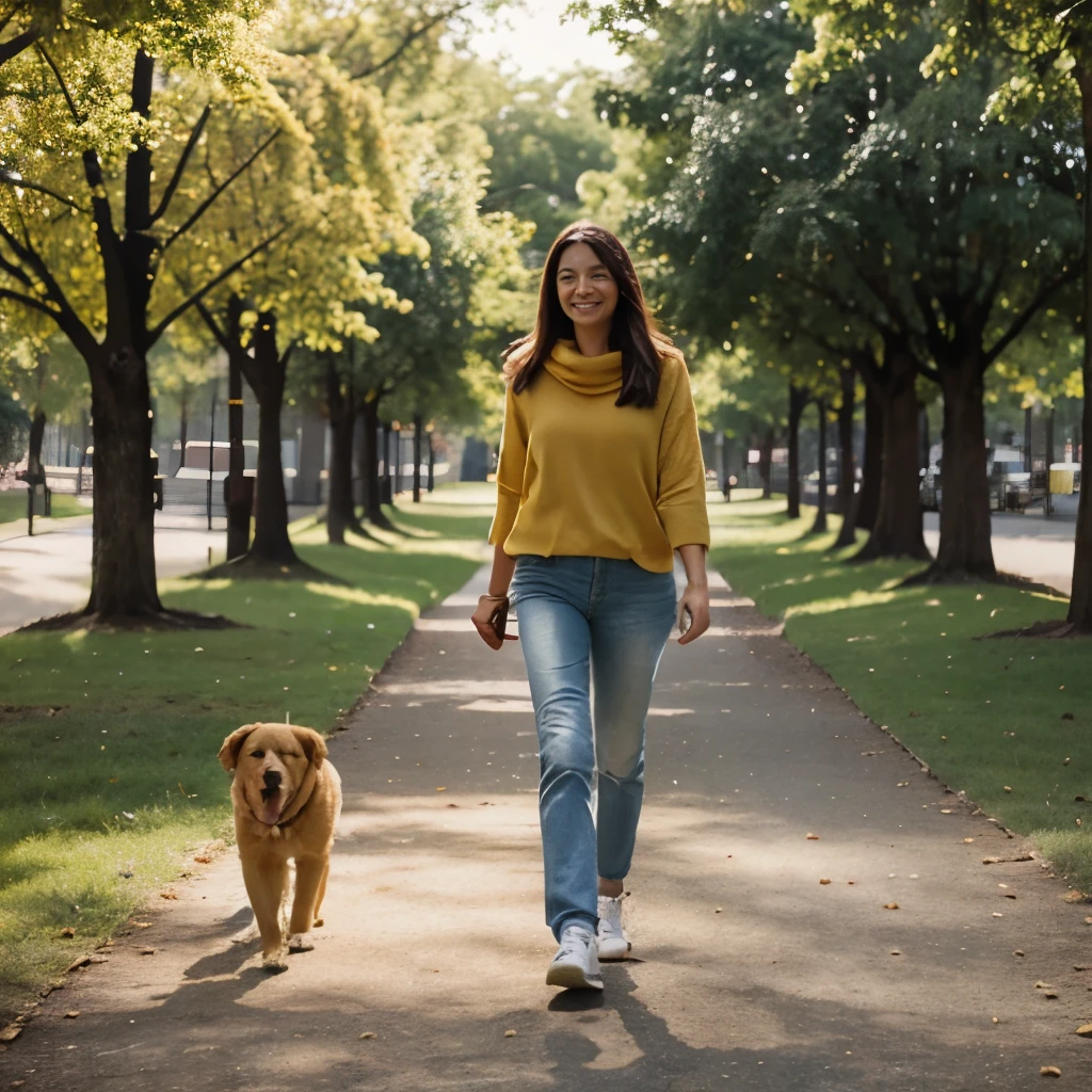 a woman walking in the park with her golden dog. She is very happy. The day is beautiful like the radiant sun