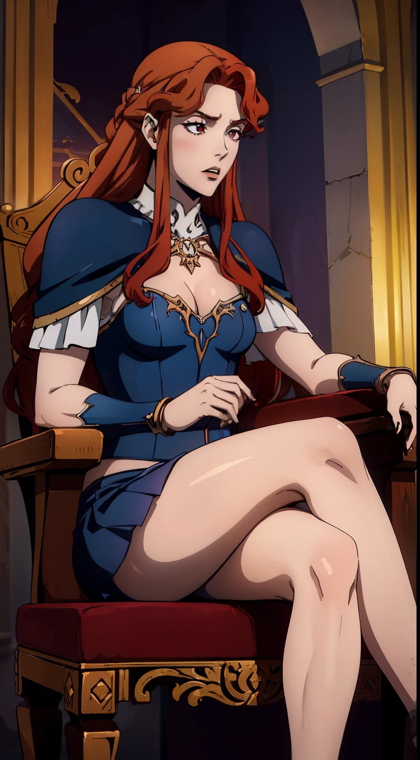 ((foto de corpo inteiro)), ((foto realista)), 1 girl, (colete: 1.2), 8k, high-res, pele finamente detalhada, lingerie, seios enormes, lenore from castlevania, vampire, red hair, skirt, sitting, crossed legs, toned legs, heels, dominant, low angle