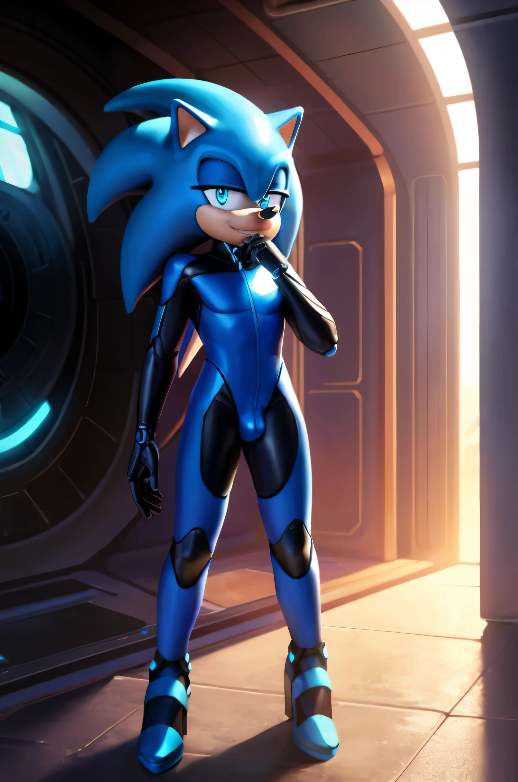 A solo male anthro android ((cyan bluehedgehog)), with glowing blue eyes, white muzzle, wearing a (((sci-fi bodysuit))) stands in a futuristic landscape. The android's bodysuit is adorned with (((blue, and white coloring))), a moderately sized crotch bulge, and intricate android seams, creating a futuristic look. the android has a seductive smirk on his face.