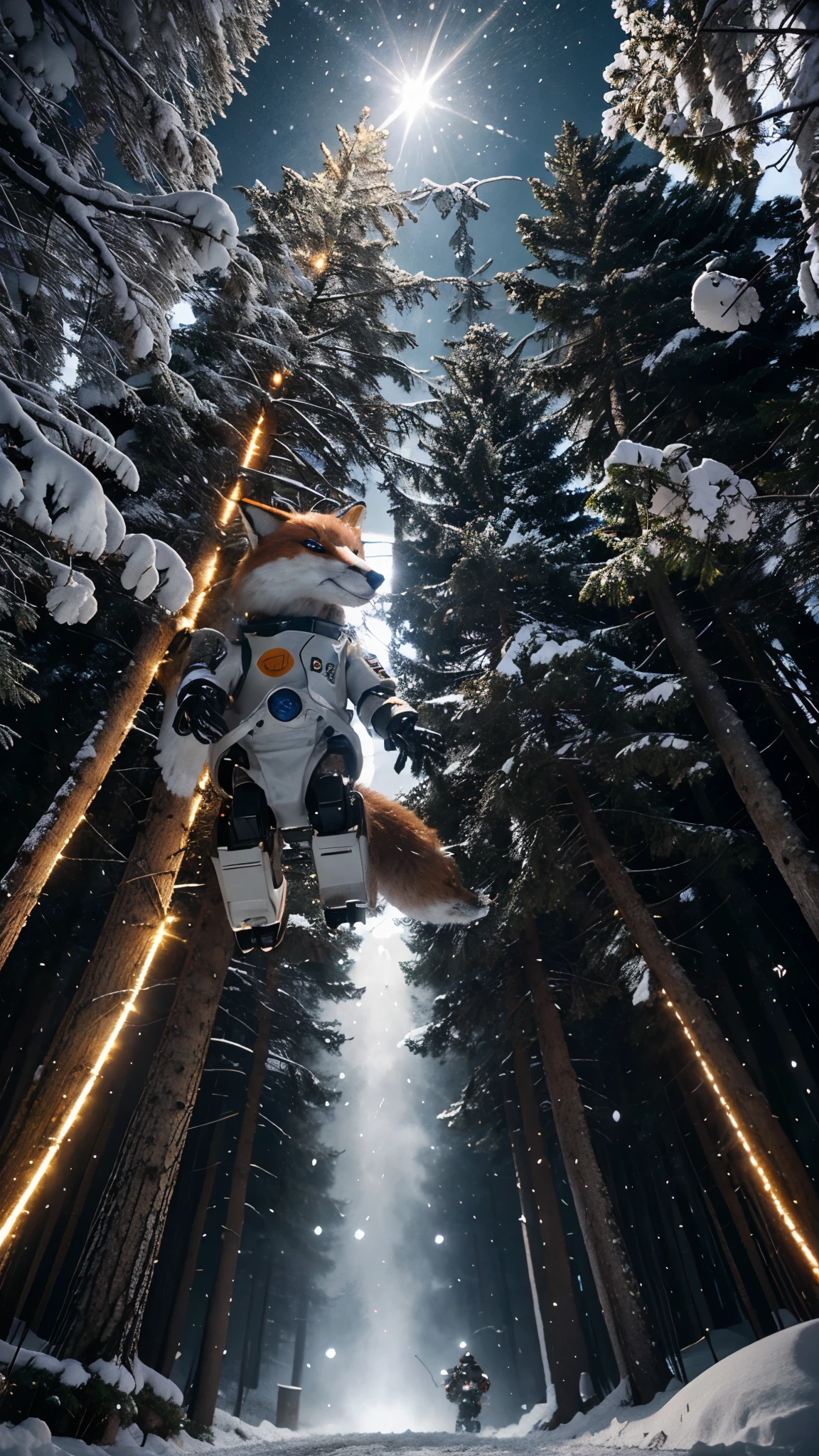 a robotic fox in a spacesuit flies through a snowy whirlwind, lights and fir branches around