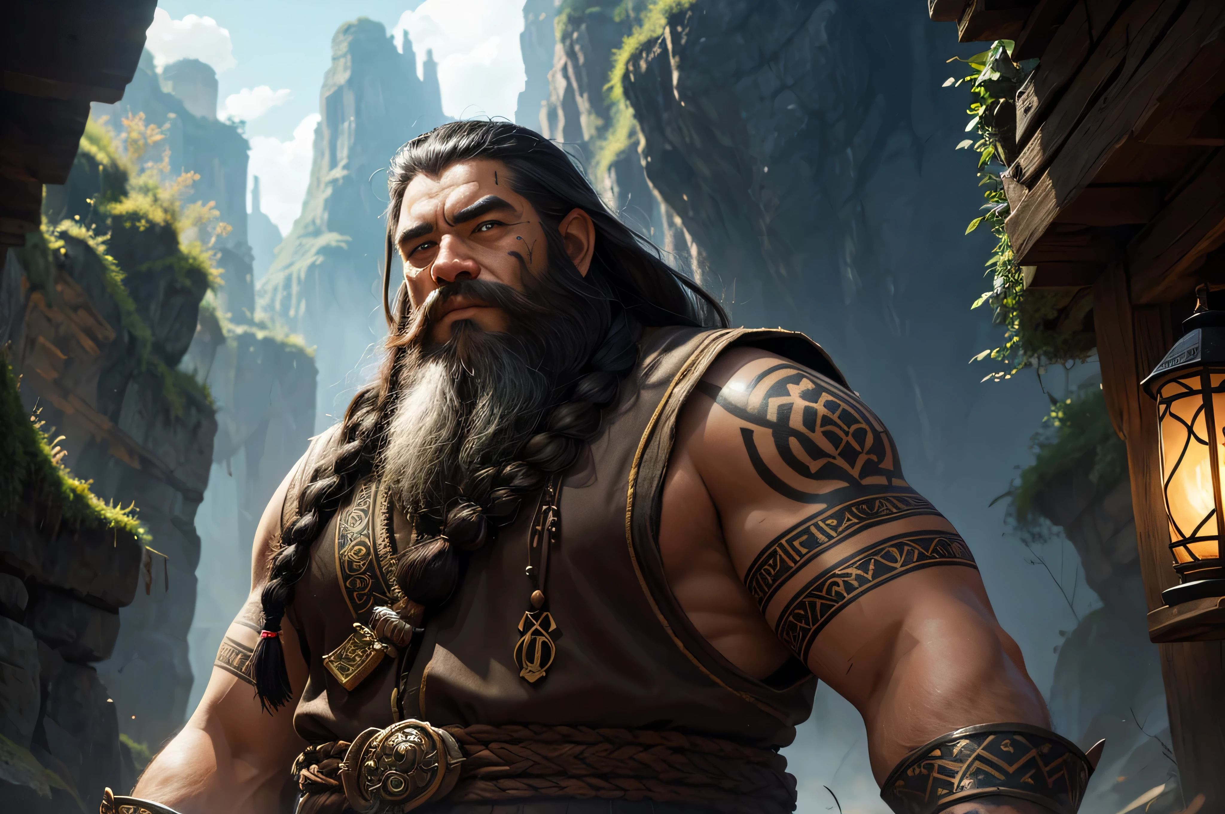 A Hill Dwarf of light and agile stature, with lightly tanned skin covered in mysterious tattoos that narrate ancient stories and knowledge. His face is marked by expression lines and a long beard braided with ornamental beads.. Your eyes are perceptive and observant, sempre analisando o ambiente ao redor. (arte digital, arte de fantasia, arte de RPG)