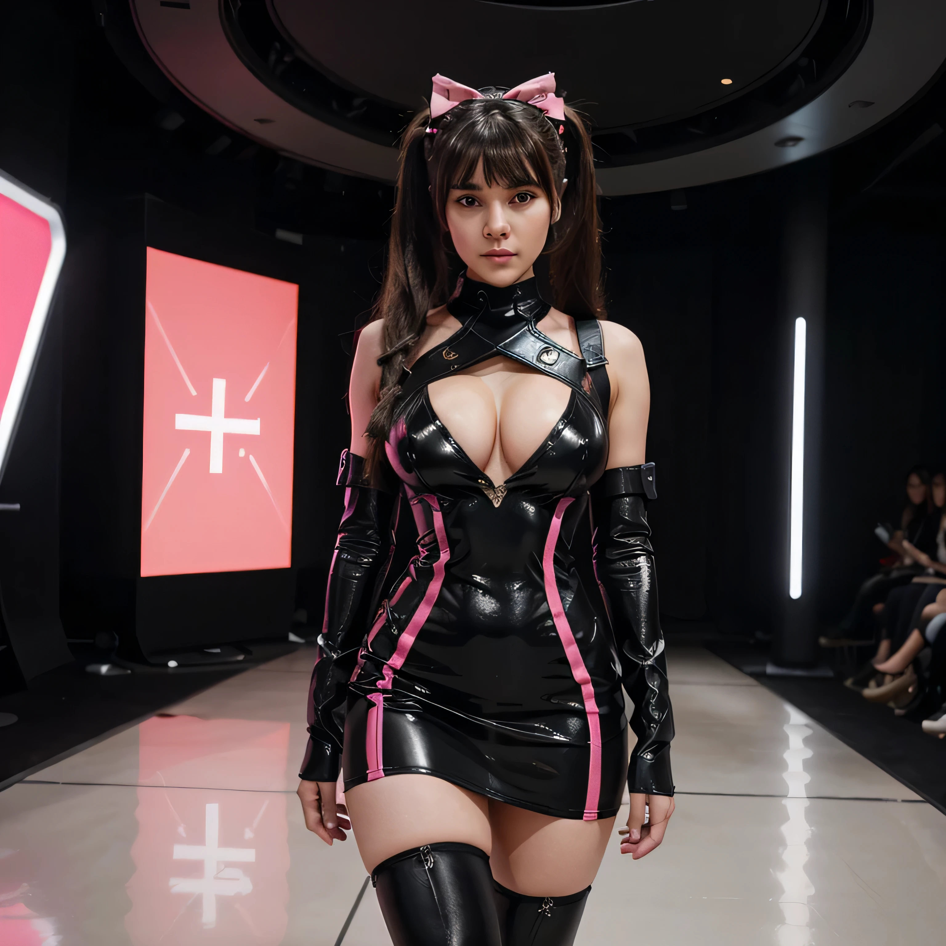 A beautiful hyperreal woman who represents Sailor Moon. Black hair, very big breasts, giant butt, tiny waist. Her face has Japanese anime features. Pigtails: she has long black hair that reaches approximately the middle of his back. Her distinctive hairstyle consists of two high, voluminous pigtails that extend up and out from the top of her head. Bows: At the base of each ponytail, she wears a large red bow that keeps her hair in place. Bangs: She has short, blunt bangs that frame her face and curve to the sides. a is at a video game convention. Costume: Design a stunning dress inspired by Overwatch's D.Va character that reflects her futuristic style and bold personality. The dress design should incorporate elements of D.Va's armor in a stylish and modern way. Create a dress with clean, streamlined lines that evoke the advanced technology of your combat suit. Details such as shoulder pads and protections can be reinterpreted in softer, more fluid shapes to suit the style of the dress. For the costume material, consider modern and futuristic fabrics such as neoprene, vinyl or fabrics with metallic finishes to reflect the technological aspect of the character. The choice of material should allow the dress to have a polished and structured look, while at the same time being comfortable to wear. The dress should be very tight to your body to highlight your figure. As for colors, keep the palette true to D.Va's signature shades in Overwatch. The predominant colors should be pink and white, with touches of black and yellow details to add contrast and dynamism to the design. These colors should be applied strategically to highlight the key features of the dress and create a striking visual impact on the runway. Imagine a design that will wow Overwatch fans and capture everyone's attention on the runway with its fusion of futuristic elegance and combat style.