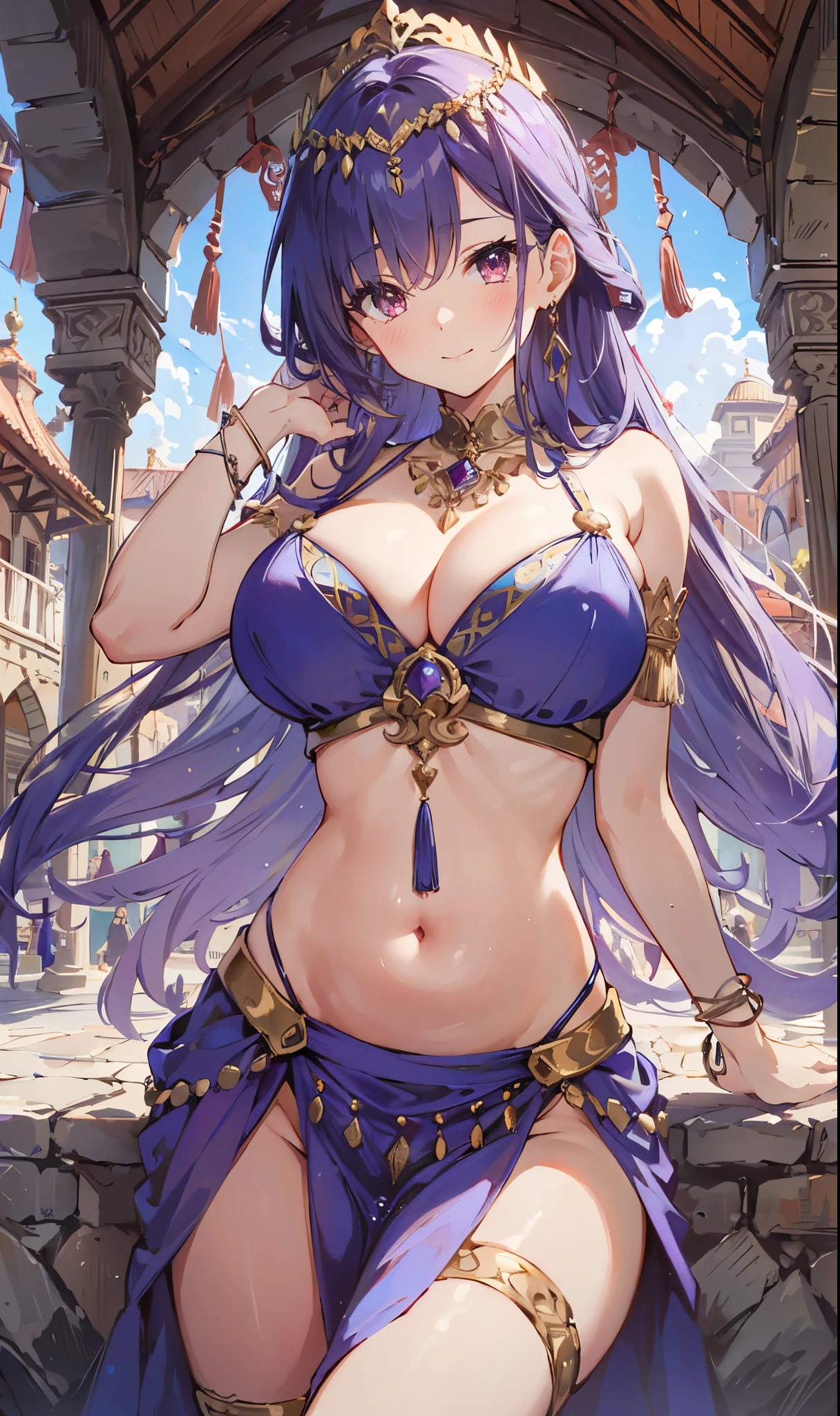 high quality, super detailed, 最high quality, Extremely detailed, beautiful, masterpiece, 1 girl, plaza, medieval europe, cowboy shot, red eyes, long hair, light purple hair, (belly dancer, harem costume, pelvic curtain:1.2), purple costume, barefoot, circlet, earrings, bangle, bracelet, shy smile, dancing, big breasts, cleavage, soft belly