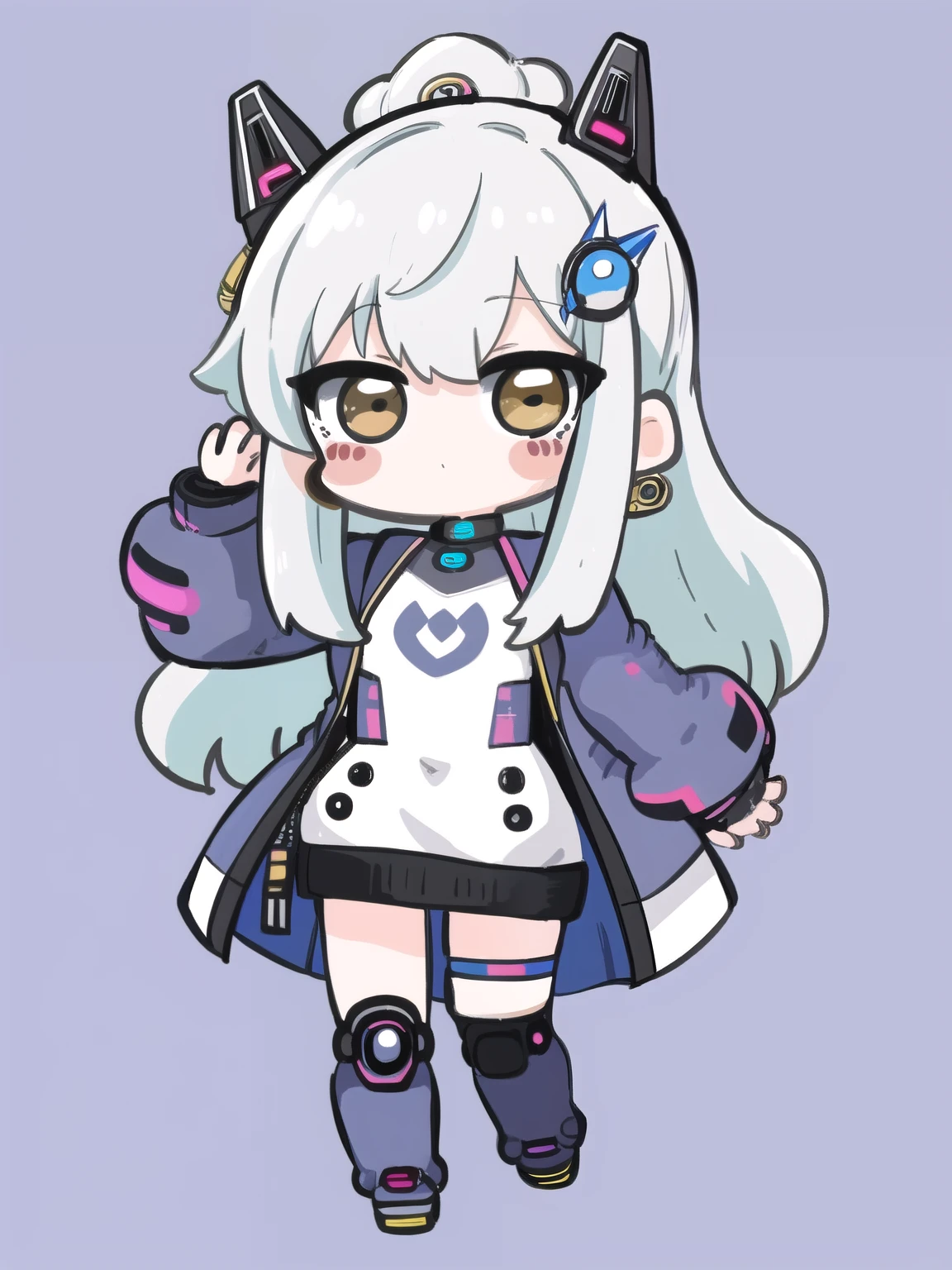 masterpiece, 1 white hair girl, internet explorer-chan, best quality, highly detailed, nozochibi, 1girl, solo, blush stickers, (chibi:1.4), simple background, full body, frieren, long hair, cyberpunk dress, happy pose, cute girl with ehite hair and white eyes, cyberpunk style girl, simple background