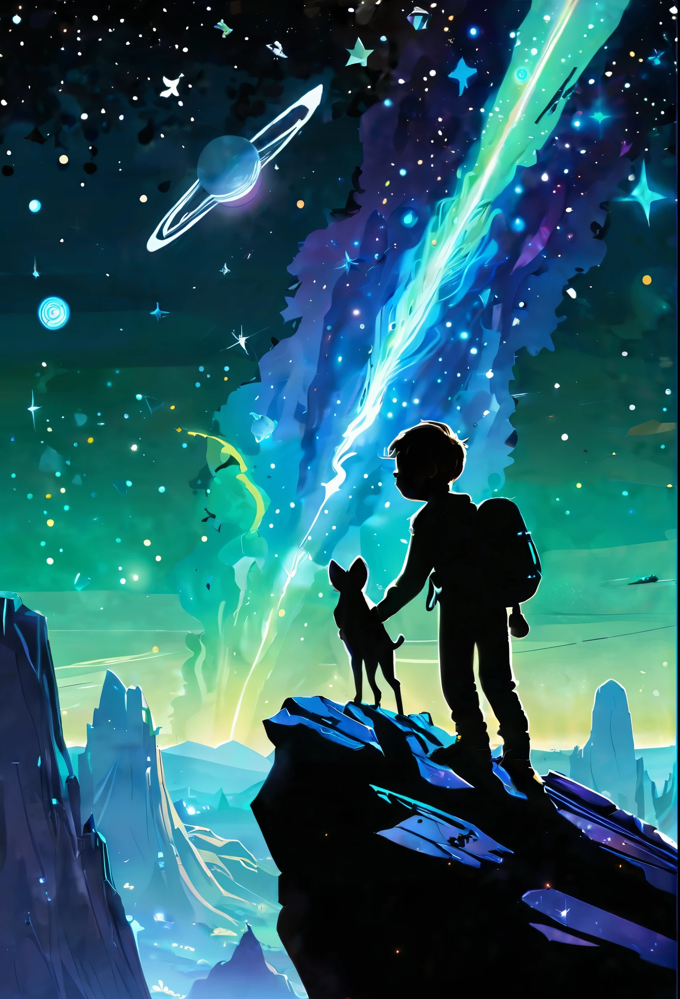"Imagine a vibrant scene set against the backdrop of a vast galaxy, with Moner, a curious young alien, perched atop the tail of his trusty companion, Nova, a sleek and agile star creature. Together, they soar through the cosmos, streaking past swirling nebulae and glittering constellations. Moner's face is alight with excitement as he reaches out to touch the stars, feeling the rush of wind as they traverse the endless expanse of space. They land on a distant planet, its surface aglow with hues of blue and green, and are greeted by a group of friendly aliens with colorful, otherworldly features. With Nova's guidance, they embark on a thrilling adventure, delving into the depths of the planet's caverns in search of hidden treasures. Moner's eyes widen with wonder as he uncovers a trove of star crystals, their iridescent glow casting a magical light on the surrounding darkness. He reaches out to grasp the shimmering crystals in his hand, marveling at their beauty and the mysteries they hold."