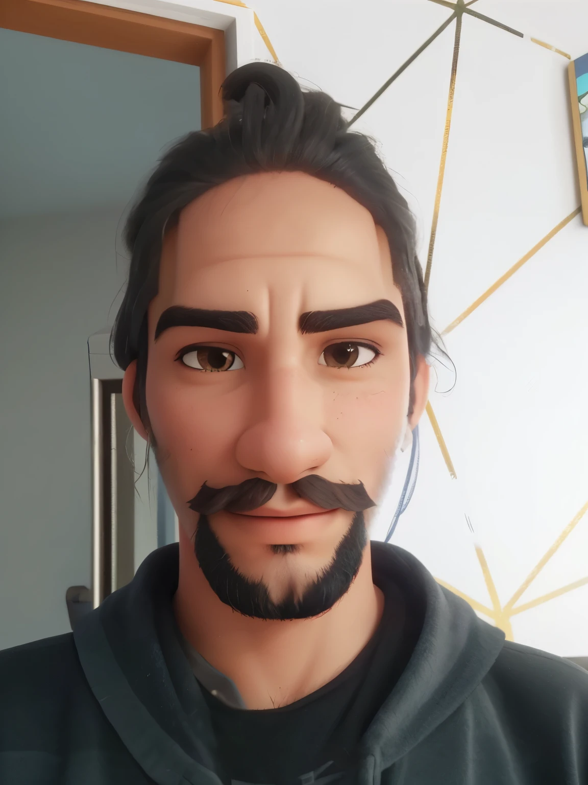 Um rapaz moreno com barba e bigode, cabelo grande amarrado uma pintinha preta perto do olho direito
