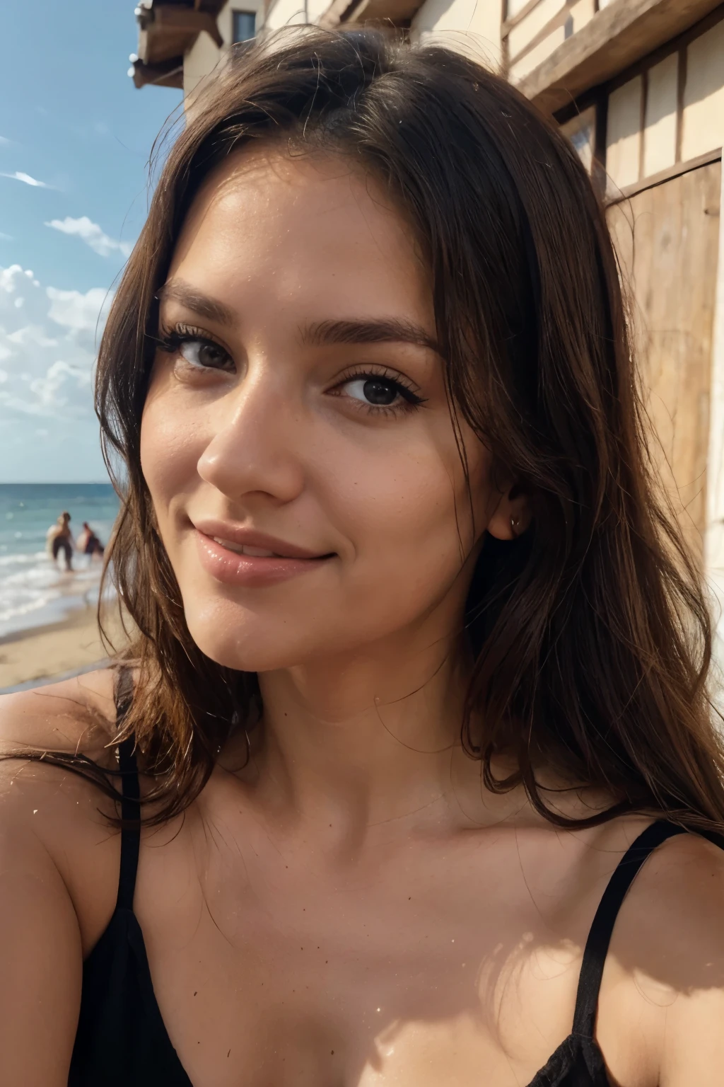 brunette, Latina, large , FOTOREALISTISCH, sexy girl with brown eyes, Akribisch detailliert, portrait, braune Haare und largee Augen, Selfie einer jungen Frau, outside, Natural makeup, direkt in die Kamera schauen, Gesicht mit Artgram, dezentes Make-up, wearing a short black dress, Hintergrund Meer und Strand, Smile