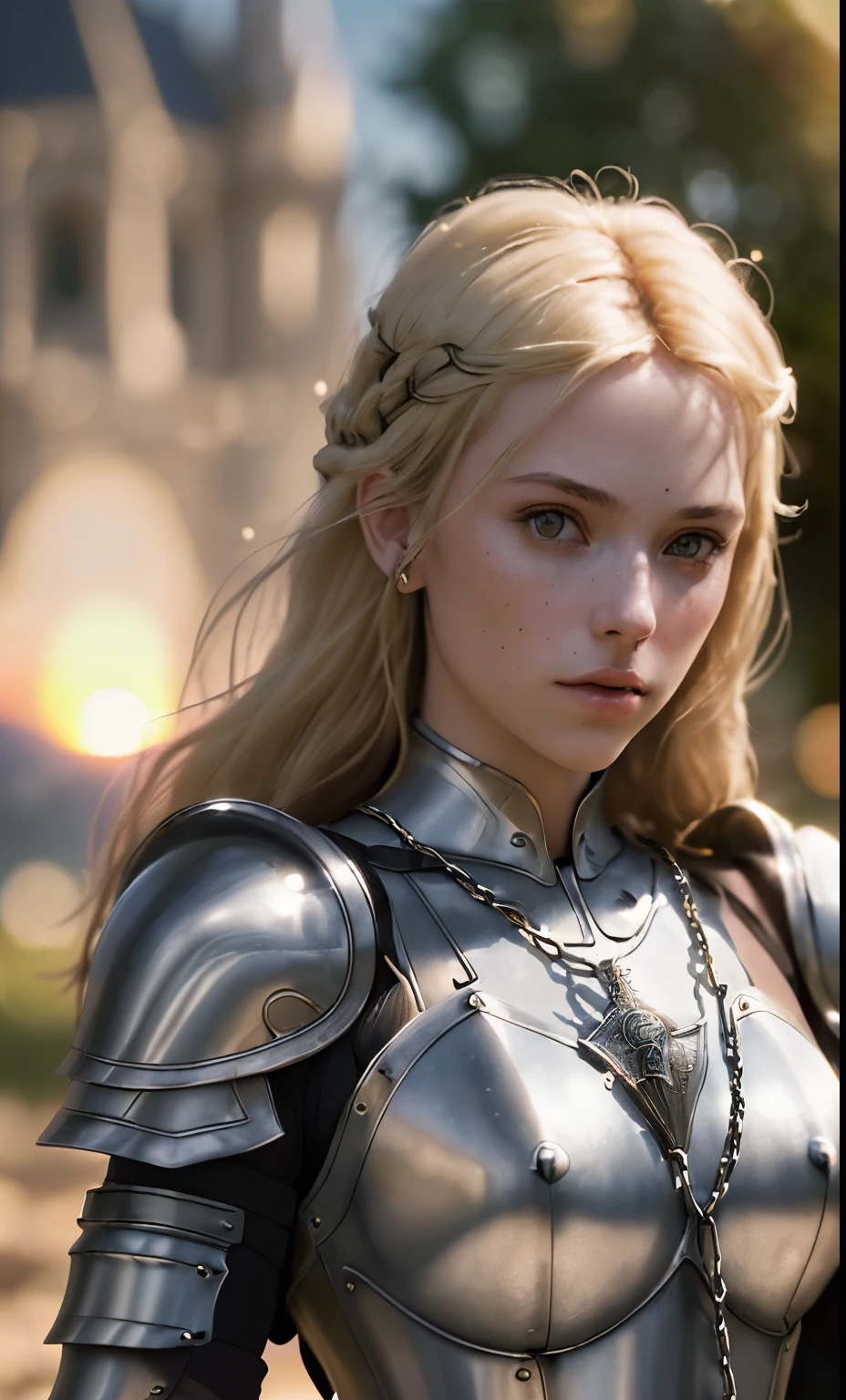 (masterpiece), (very complicated:1.3), (realistic), girl portrait, the most beautiful in the world, (medieval armor), metal reflection, Upper body, outdoors, intense sunlight, distant castle, Stunning female professional photo details, sharp focus, dramatic, Awards, cinematic lighting, Octane Rendering Unreal Engine, volumetrics dtx, (film grain, blurred background, blurred foreground, Bokeh, Depth of the bounds written, sunset, motion blur:1.3), chain mail,blonde