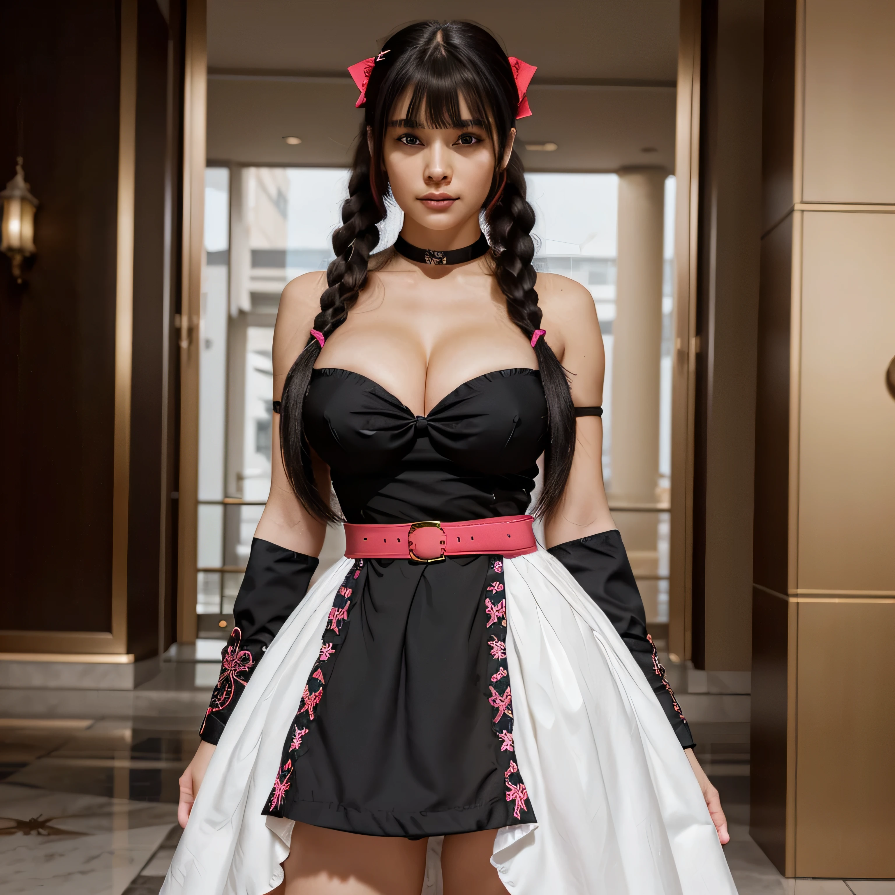 A beautiful hyperreal woman who represents Sailor Moon. Black hair, very big breasts, giant butt, tiny waist. Her face has Japanese anime features. Pigtails: she has long black hair that reaches approximately the middle of his back. Her distinctive hairstyle consists of two high, voluminous pigtails that extend up and out from the top of her head. Bows: At the base of each ponytail, she wears a large red bow that keeps her hair in place. Bangs: She has short, blunt bangs that frame her face and curve to the sides.Design a refined, sexy and elegant dress with serious colors like black, white or gray. The dress should be fitted, striking and extravagant, incorporating details such as exaggerated ruffles, jewel applications or luxurious textures. Use vibrant colors such as fuchsia, turquoise or gold in belts, bows, embroidery or abstract patterns to contrast with the sobriety of the base of the dress. The design should be unique and capture attention with its combination of refinement and extravagance. She is at an important fashion event.