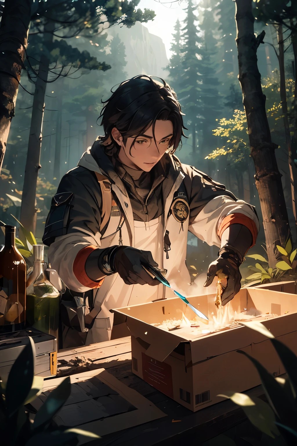 In the moutain at night, a pharmacist in the foreground stand with his chemical material in his hands and his books next to him, he his illuminated with a animated flare inside the erlenmeyer, the background is shadowed, a green forest stretches out and beyond that, mountains rise in the distance. Dynamic actions ,Lens perspective,(((Box composition))) BREAK The most suitable effect for this scene would be a watercolor painting technique to capture the softness of the meadow and the fluidity of the movement. volumetric lighting, multi-color eyes, detailed eyes, hyper detailed,light smile, highly detailed, beautiful, small details, ultra detailed, best quality, intricate, 4k, 8k, trending on artstation, good anatomy, beautiful lighting, award-winning,