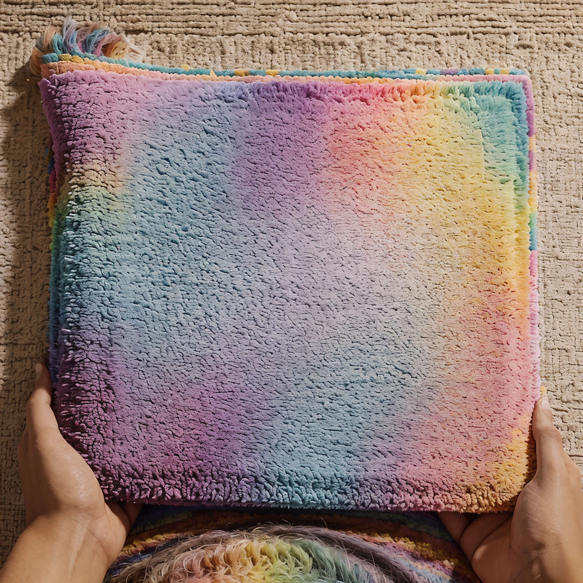 close up of a pastel rug tile, rainbow colored rug tile, fur texture,  vaporwave textures, seamless square, square wall, square wallpaper, hyper realistic