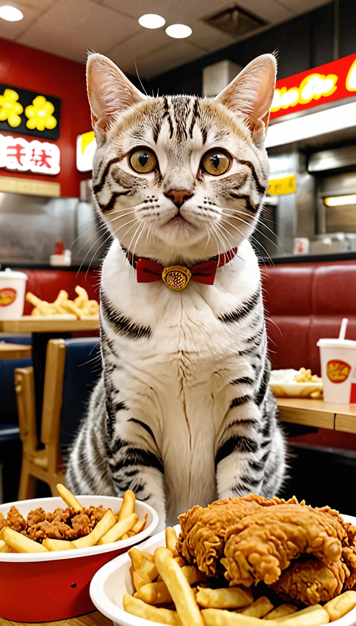 masterpiece、super high reality、16K、highest quality、real、Raw photo、Natural light、
1american shorthair,
Eating fried chicken at a fast food restaurant