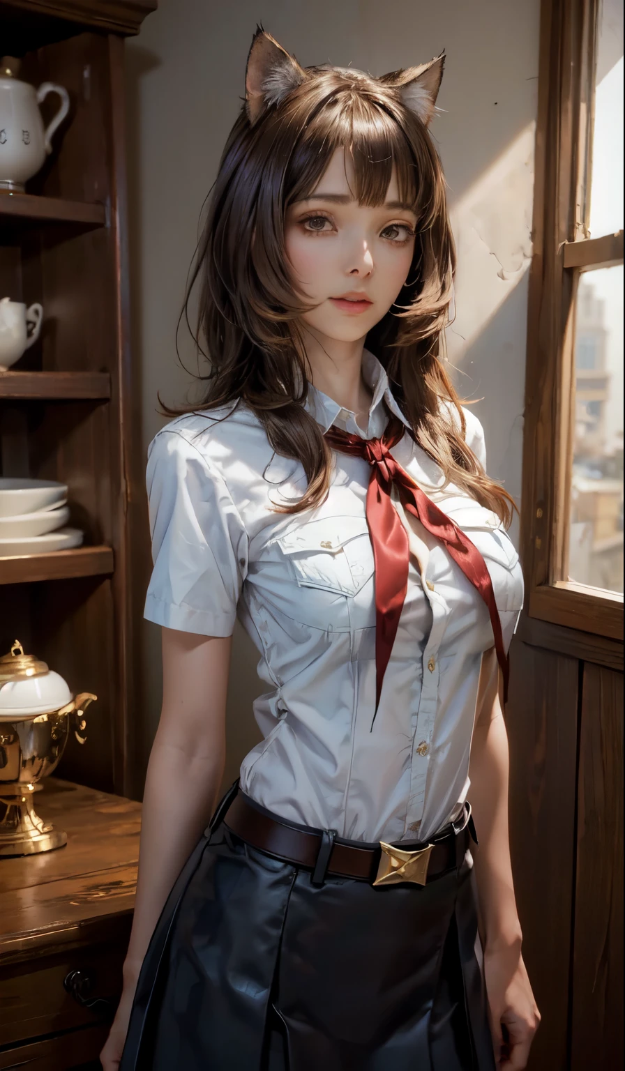 very young slim fit girl, full height, rounded face, (long straight dark hair:1.4), big brown eyes, shy smile, perfect medium breast, band on head with fake cat ears, luciewilde, pioneer neckerchief, short tight blue pleated skirt, bangs, tight white shirt, short sleeves, collared shirt, belt, red neckerchief, breast pocket