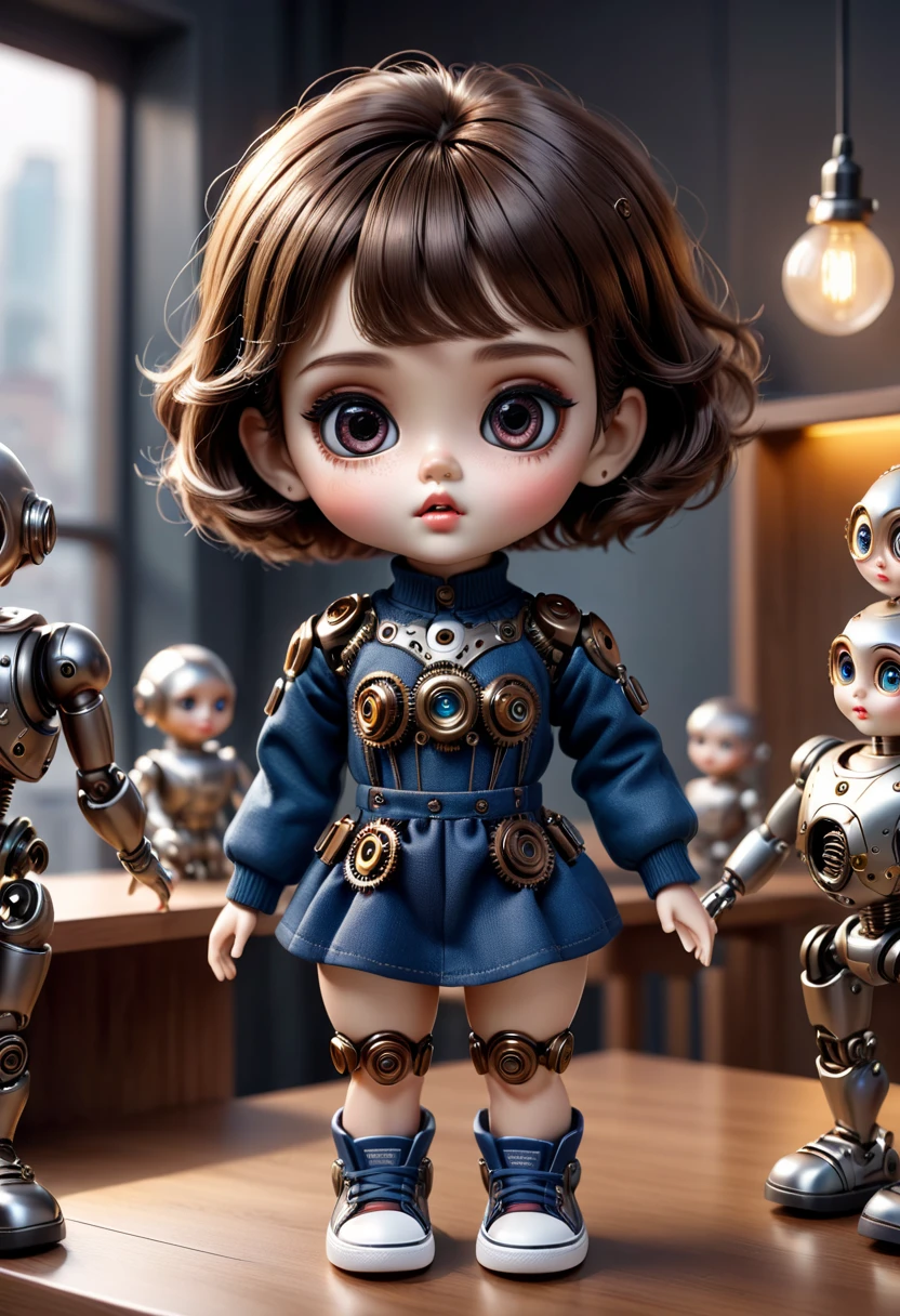 （best quality，4k，masterpiece：1.2），Super detailed，lifelike：1.37，2 cute Mechanical dolls on children&#39;s desk，Emotional communication，interesting action，Ornaments，Possessing human emotions and intelligence，Mechanical dolls，big eyes，dark eye makeup，Dumb，cute，mechanical joint，short hair，whole body，action，posture，sneakers，fashionable costume，metal skin decoration，Clean，Warm，Warm，blur background