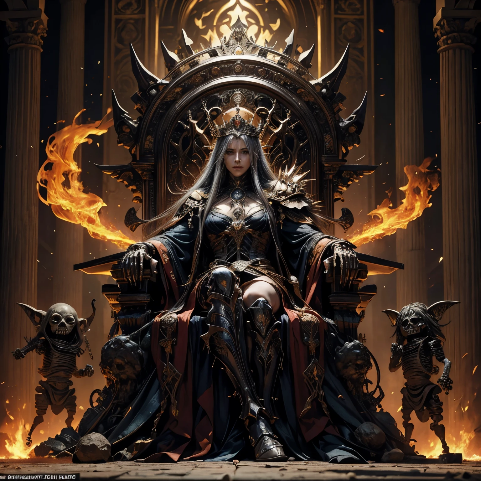 The Ancient Skeleton King, revered as the harbinger of The Age of Apocalypse, stands tall before his throne, his bony fingers holding an ornate, intricately designed King calendar. His eyes burn with an otherworldly fire, as if he can sense the impending doom that lurks in the future. The once grand halls of his throne room now lie in ruins, but he remains impervious to the chaos that surrounds him.

Beside him, a sorceress woman with long, flowing locks and an ethereal aura watches the King, her eyes filled with concern. She clutches the goblin she summoned, its slimy