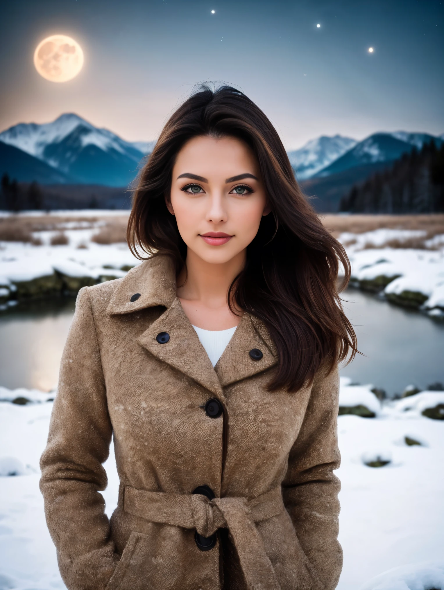 An ultra hot gorgeous European woman. Age 23. She’s a playmate and men magazine model. , outdoors, (night), mountains, nature, (stars, moon) cheerful, happy, forest, rocks, river, wood, smoke, shadows, contrast, clear sky, analog style (look at viewer:1.2) (skin texture) (film grain:1.3), (warm hue, warm tone) :1.2), close up, cinematic light, side lighting , ultra high res, best shadow, RAW, full body, snowy landscape, naked,
kodak vision 3,