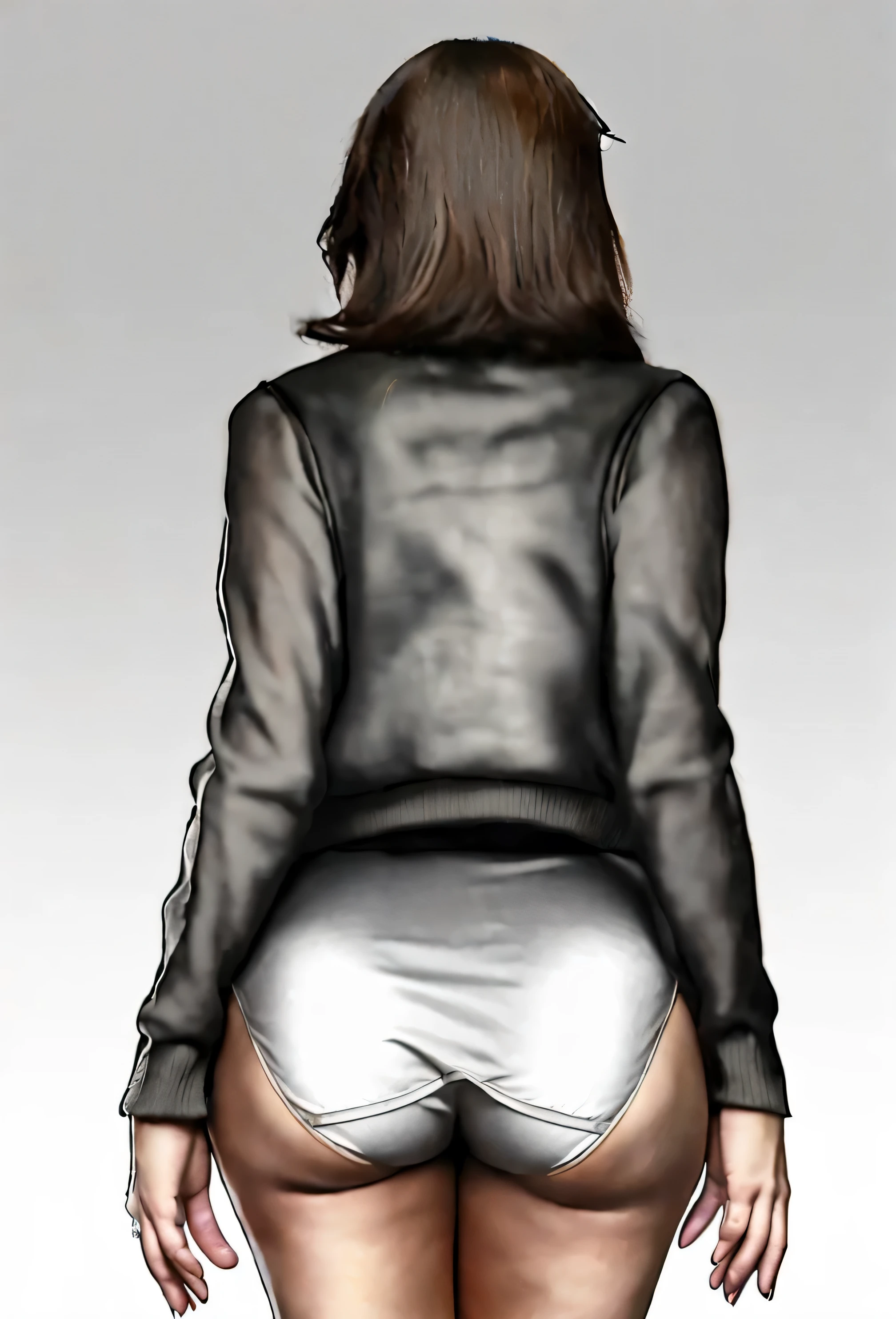 ((masterpiece, best quality)), ((34 year old)), (((Curvy))), (((Japanese woman with messy brown hair)), in beige sweater, ((white fullback cotton panties)), (((Large Hips))), ((looking completely forward)), ((Back towards camera)), (((photo realistic))), ((80's film, 80's movie scene, 80's TV Style))