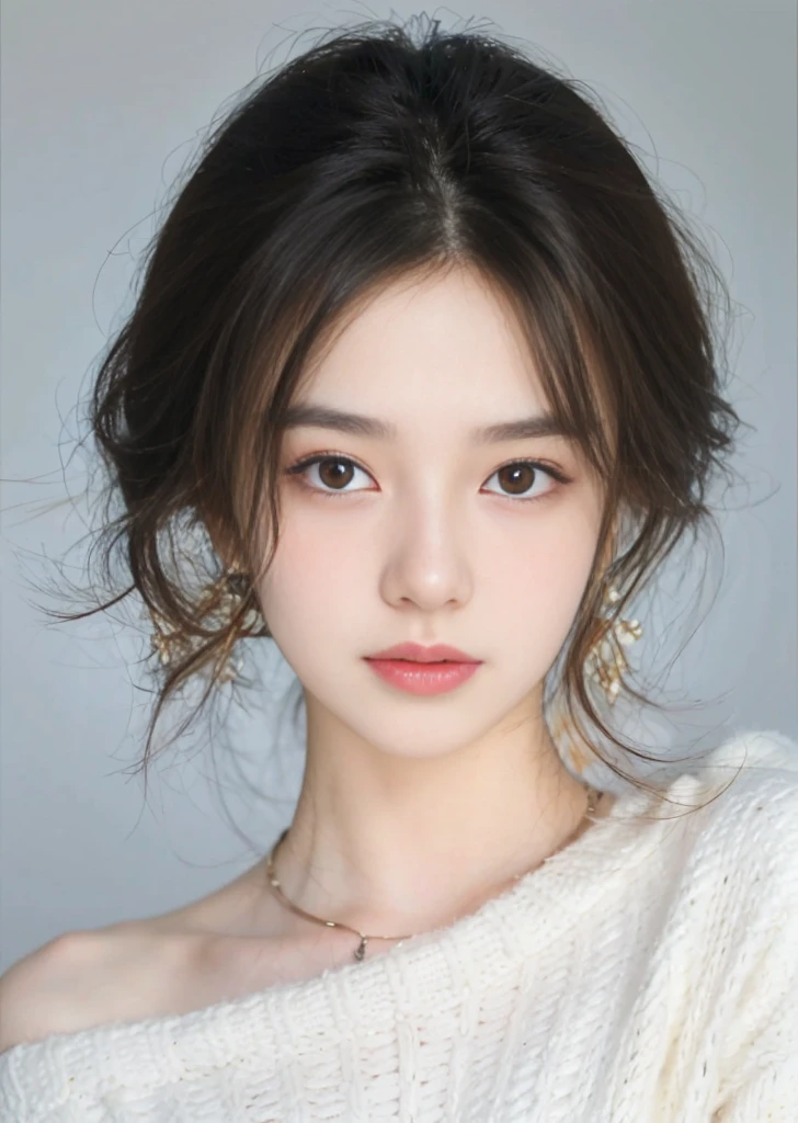 ((skin texture:1.3)),Exquisite facial details, skin texture, social media portraiture, high quality photo,1girl, solo, jewelry, earrings, necklace, looking at viewer, brown hair, realistic, lips, short hair, closed mouth, sweater, black hair, portrait, simple background