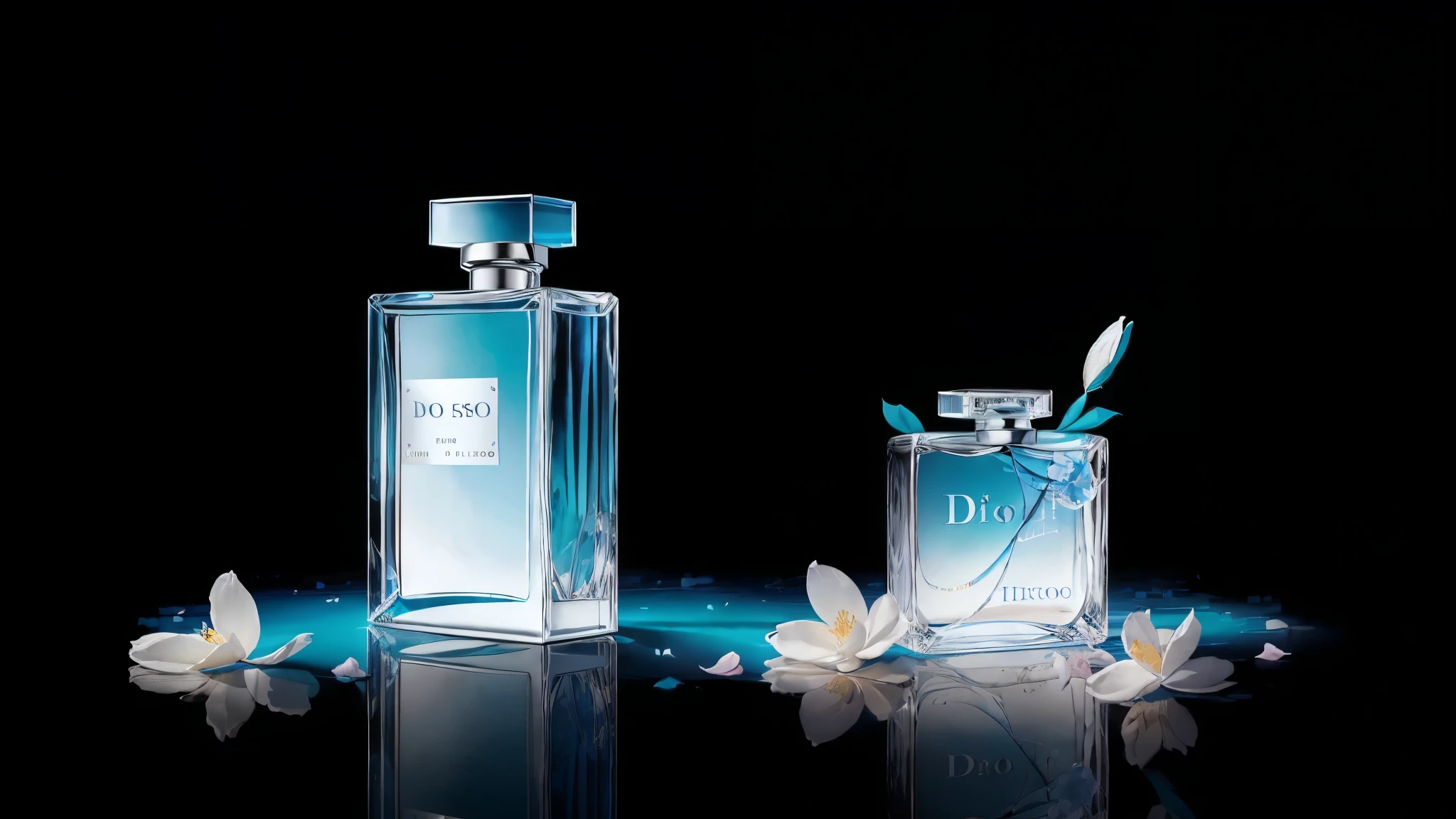 In the stillness of the morning, the reflection of a Dior perfume bottle Against the pale blue sky shows its elegant allure. The mirror, framed by delicate falling flower petals, catches the first rays of sunlight in a high angle shot. Each detail is meticulously captured in Alto detalhe, Alta qualidade, enhancing the reflexo do sol that dances on the bottle's surface. The 8K octane rendering showcases every curve and line with lifelike texture, as if inviting one to touch and feel its luxuriousness. As the sun begins to rise, the scene bursts with vibrant colors, the petals blooming in brilliant hues,
