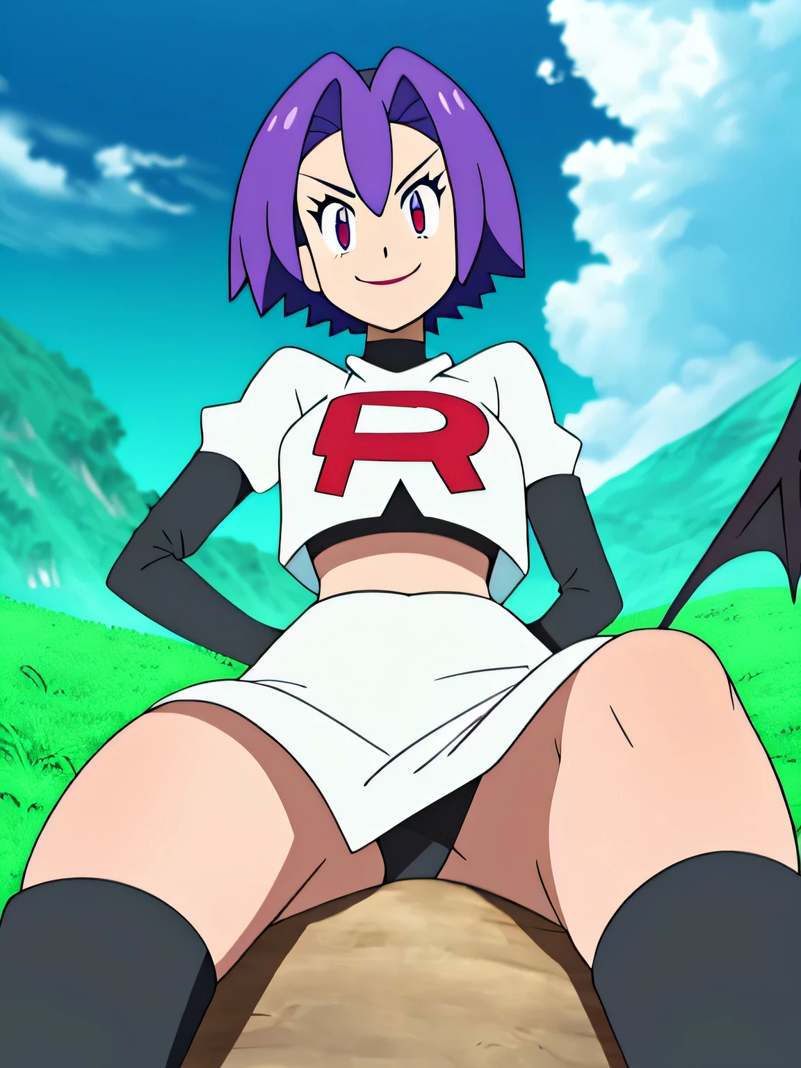 Colorful , masutepiece, Best Quality, 1girl in, , purple hair, middle hair, spike hair, Evil Female Executive, Goth ta Costume, a miniskirt, White stockings, Large red ribbon, a choker, White inner, black clothes, black boots, bat wings, , from below, looking at viewer, contrapposto, hand on hip, hairs between eyes, red eyes, shiny eyes,view of the valley, with grass, team rocket uniform, red letter r, white skirt,white crop top,black thigh-high boots, black elbow gloves, evil smile, looking down at viewer, hands on hips, spread legs, sitting down, black panties