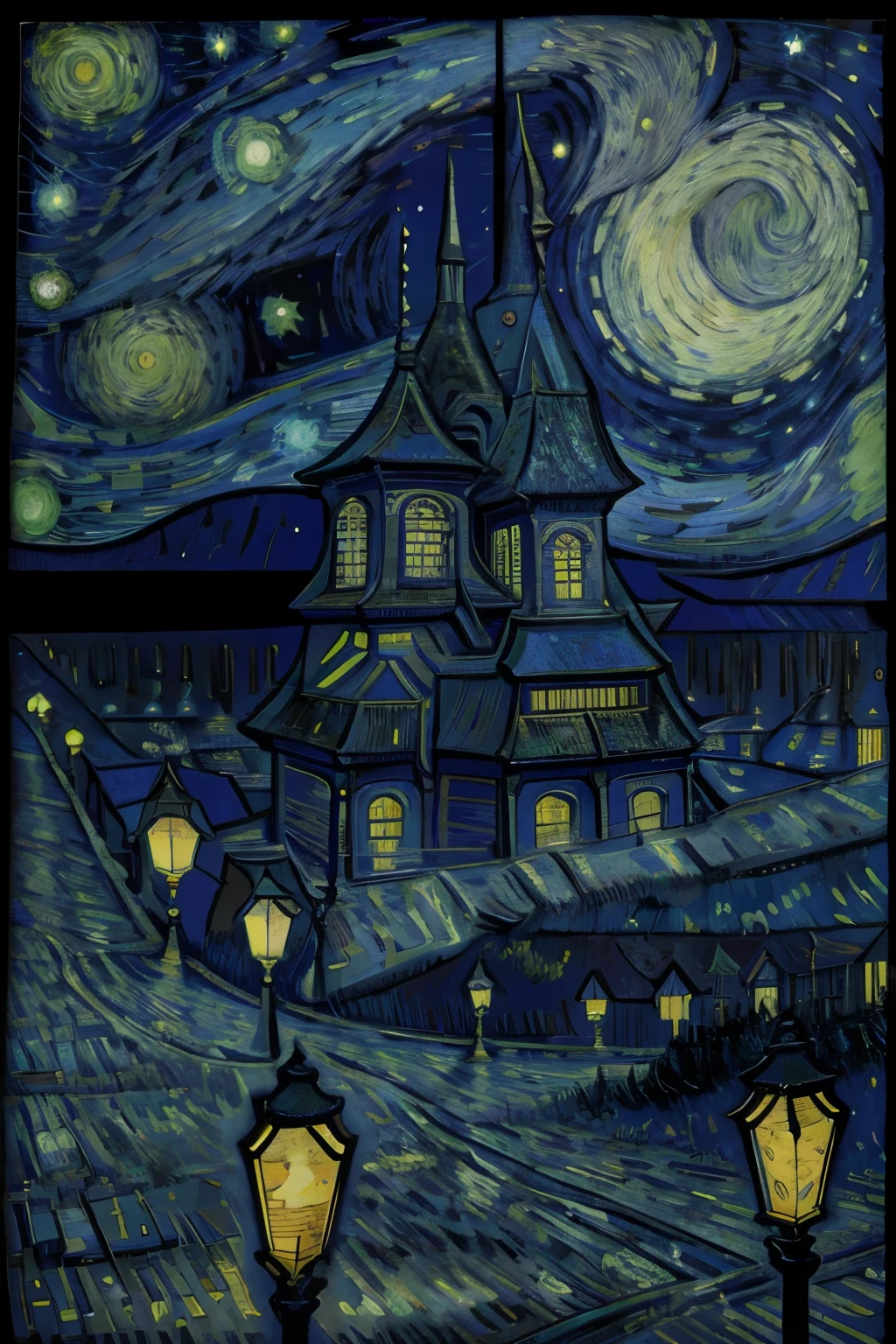 Starry Night meets Neon Lights: Van Gogh in a Cyberpunk Cityscape, VincentWillemvanGogh,  