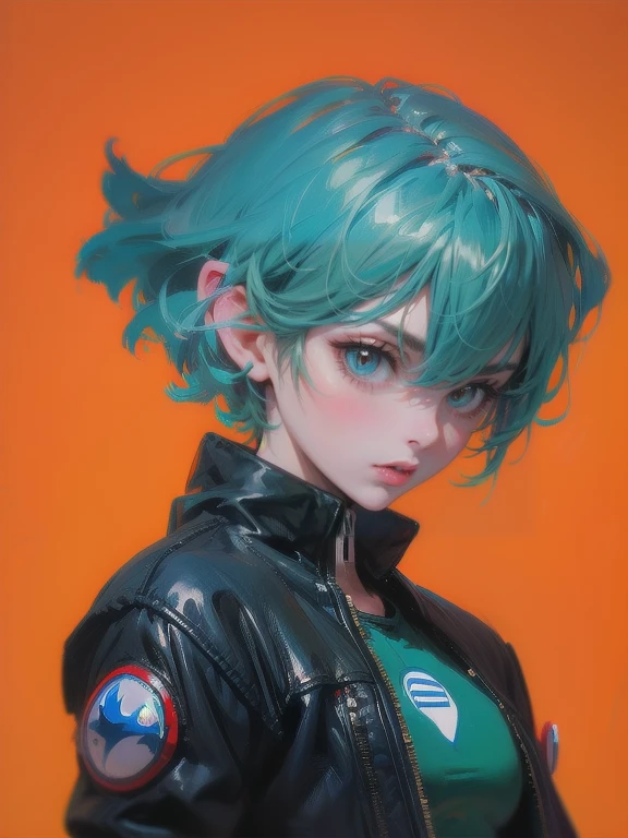 1woman, solo, (masterpiece), best quality, ultra-detailed, Bulma from Dragon Ball, Retro style, full body. fashion cloth, jean jacket, fancy, portrait, face detail, eyes detail, simple background, 
