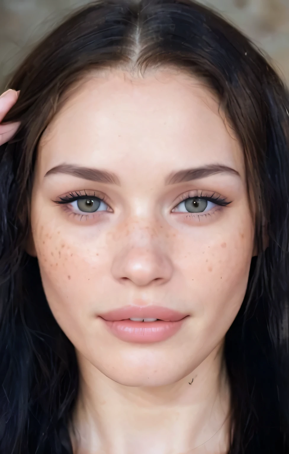 gritty candid raw portrait, close-up photo of a young 25 year old beautiful woman, full lips, high cheekbones, small button nose, slim face, playful smile, straight white teeth, pale skin, wavy brown hair, hazel green eyes, light freckles, pink cheeks, realistic skin texture, flawed skin, shot with Sony Alpha A6500 1.4f, bokeh, highly detailed, looks like gemma arterton and megan fox