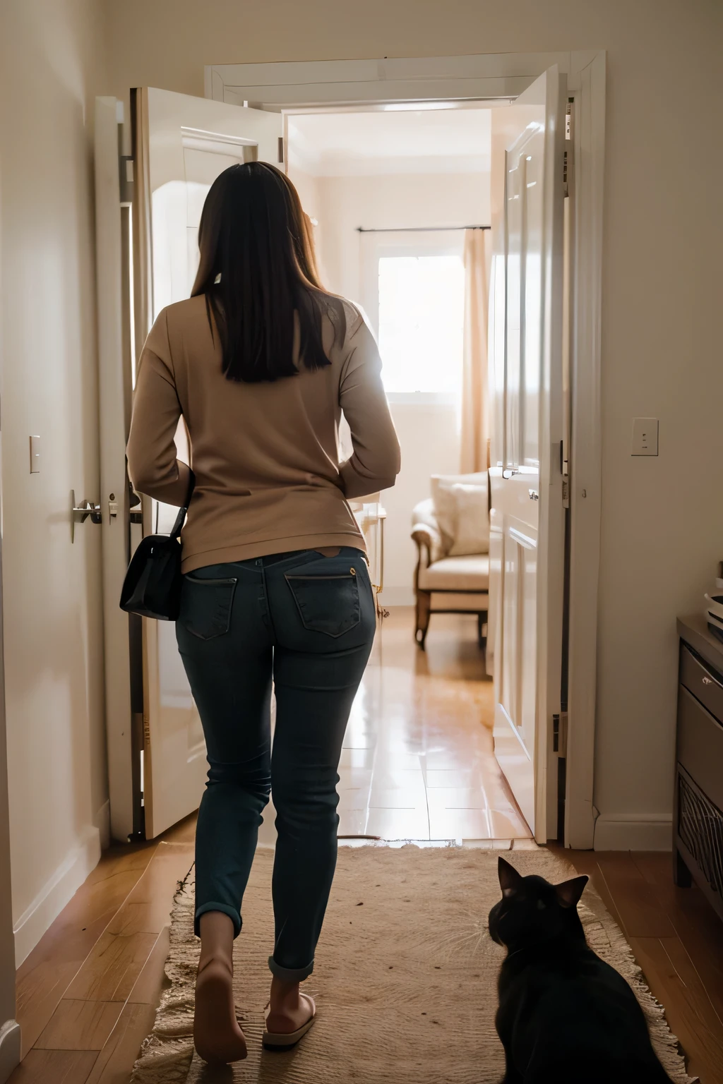 Una imagen de un hogar moderno y amplio. En el fondo de la imagen, Quiero ver un hombre y una mujer de espaldas, como si estuvieran caminando hacia adentro. En primer plano, I wish there was a hand opening a doorknob., con un gato naranja entrando justo al lado de la mano.
