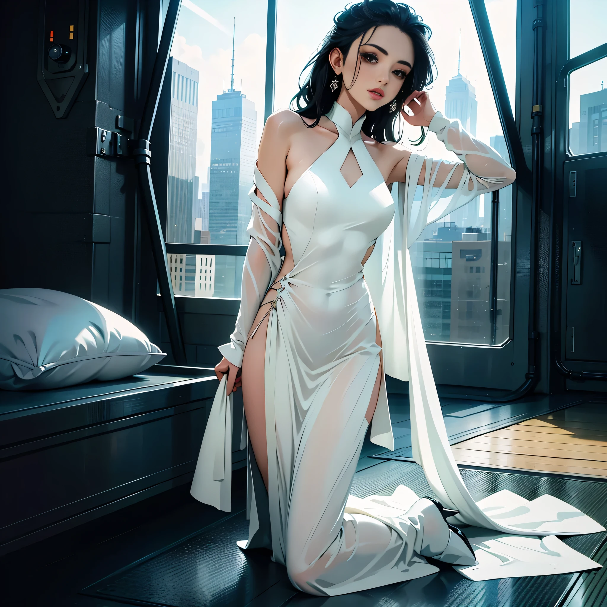 Beautiful woman in vey long translucent satin dress,dreamy background, kneel ,tied up, ctrdress