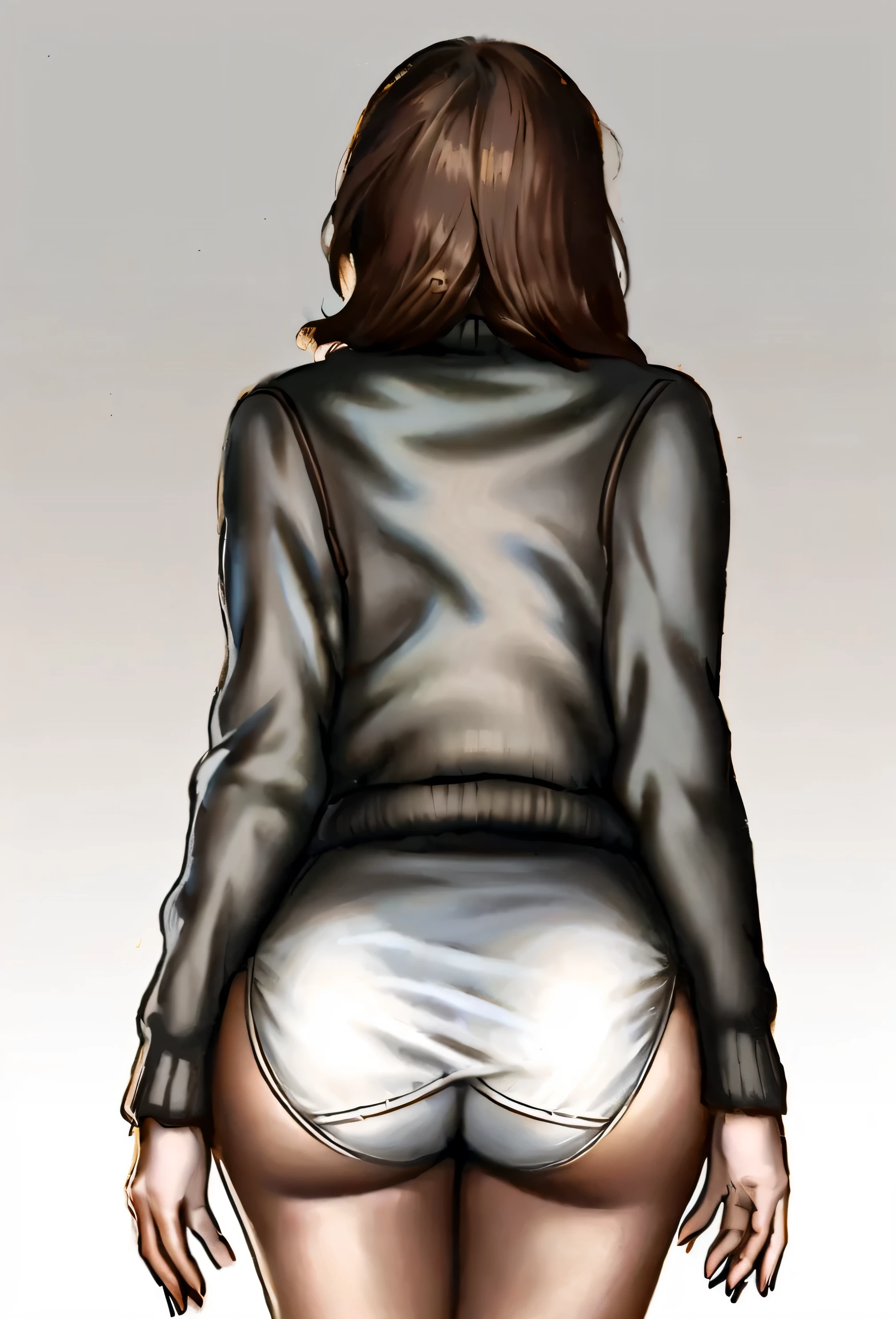 ((masterpiece, best quality)), ((34 year old)), (((Curvy))), (((Japanese woman with messy brown hair)), in beige sweater, ((white fullback cotton panties)), (((Large Hips))), ((looking completely forward)), ((Back towards camera)), ((((realistic art style, 50's pinup art))))