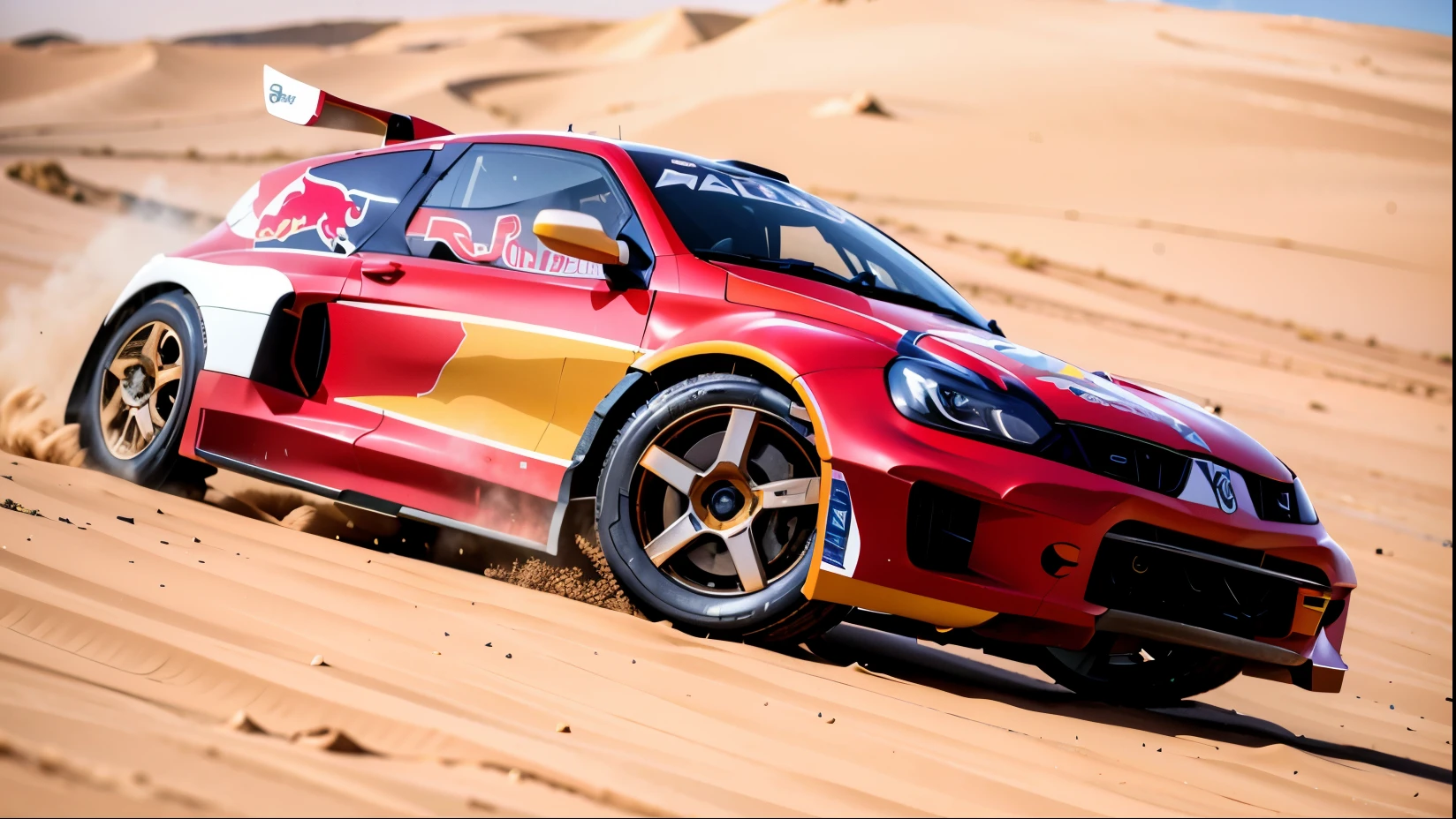 pdrally, a red bull car driving through the sand 