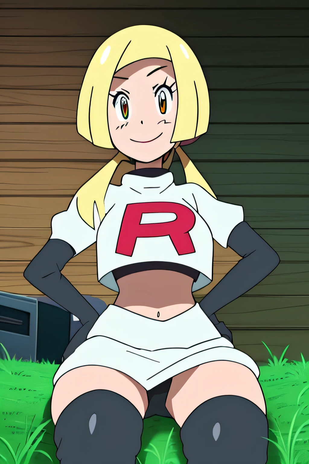 1girl in, (Solo:1.2), (Perfect body:1.1), (Best Quality:1.1), Cute Girl, Tsundere:1.1, (student clothes:1.4), (tiered layers skirt:1.2), very large breast, a blond, Long twintails, Black Ribbon Hair Fastening, Tsuriformes, sharp eye, Sanpaku eyes, (1.5), Noble atmosphere, Fine-grained skin, (Choker with a cross:1.1), View of the valley, Navel Ejection, Raw feet, a belt on the thighhigh, Bright red eyes, Shining eyes, (NSFW:0.8), 8K, a belt on the thighhigh, Skinny Legs, School grounds with grass, full body seen, (Looking down here:1.2), (Loose socks:1.3), I don't have anything in my hands, No one around, hands on hip,view of the valley, with grass, team rocket uniform, red letter r, white skirt,white crop top,black thigh-high boots, black elbow gloves, evil smile, looking down at viewer, hands on hips, spread legs, sitting down, black panties