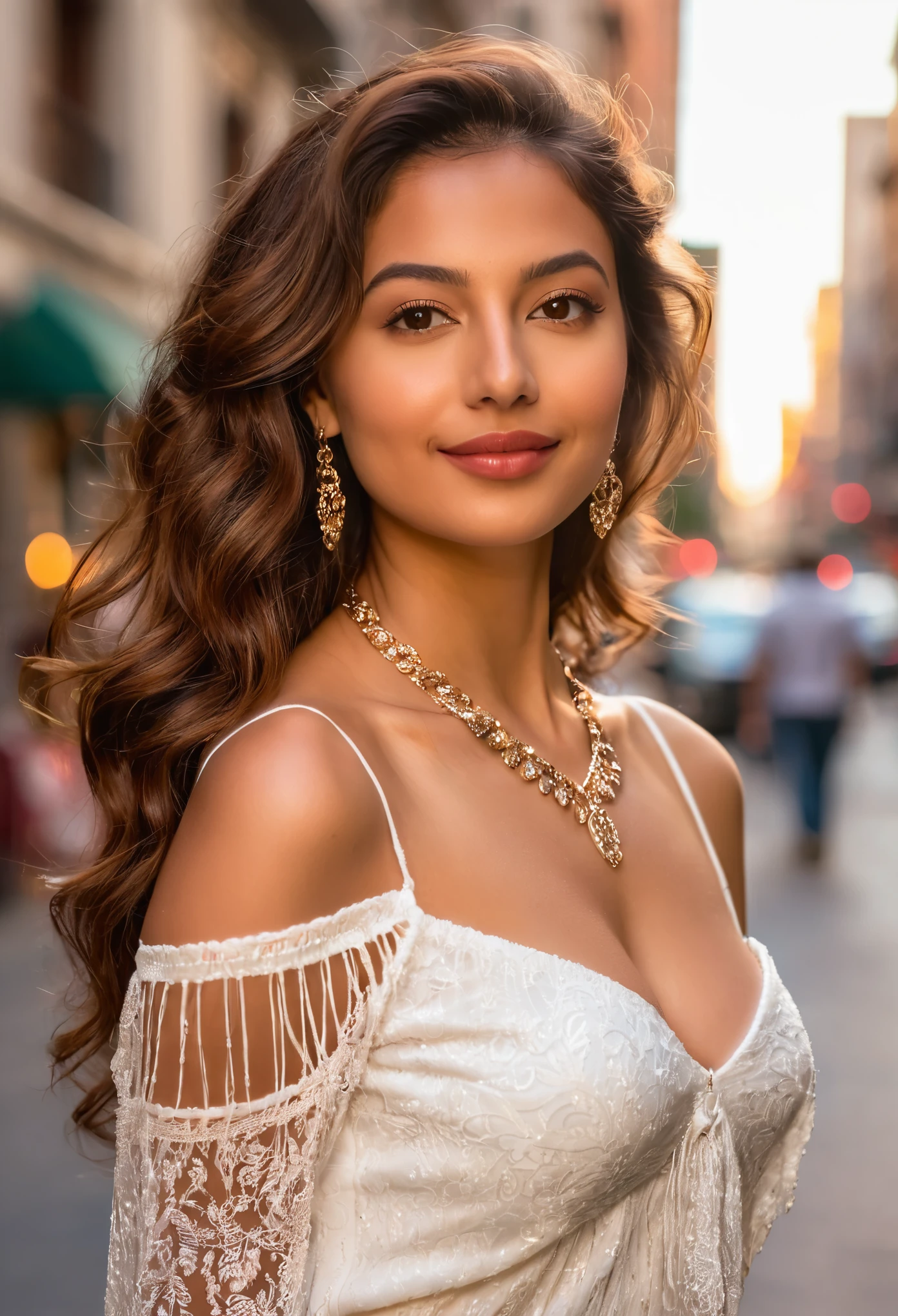 Beautiful latina brunette young lady, light dress, poses confidently in the heart of the bustling city. Her long, wavy chestnut hair cascades down her back, framing her elegant features. Expressive brown eyes gazing directly at the viewer. Her bare shoulders glisten in the sunlight, adorned with a delicate necklace that highlights the curve of her neck. Her rosy lips are parted slightly, revealing a hint of a playful smile.