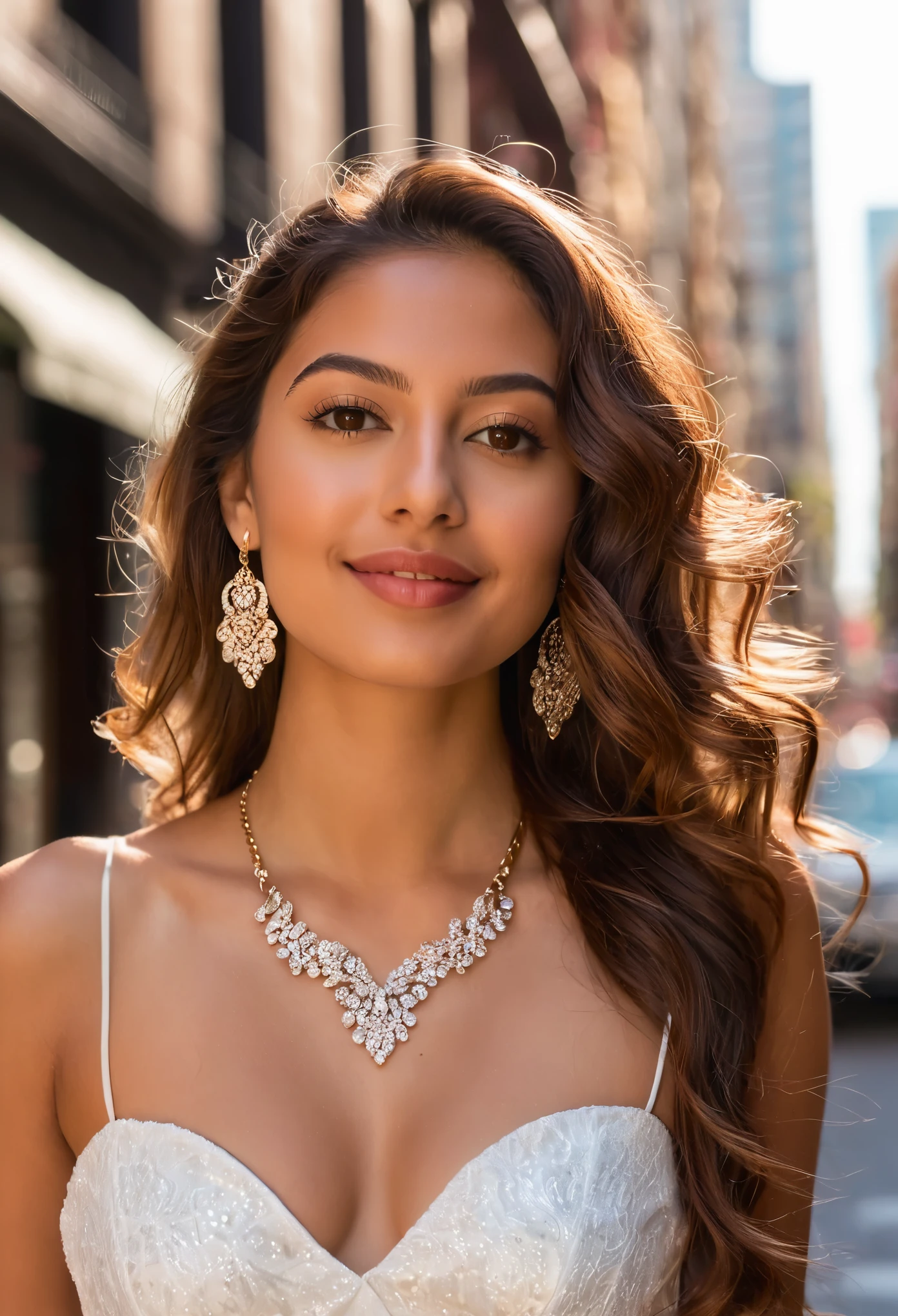 Beautiful latina brunette young lady, light dress, poses confidently in the heart of the bustling city. Her long, wavy chestnut hair cascades down her back, framing her elegant features. Expressive brown eyes gazing directly at the viewer. Her bare shoulders glisten in the sunlight, adorned with a delicate necklace that highlights the curve of her neck. Her rosy lips are parted slightly, revealing a hint of a playful smile.