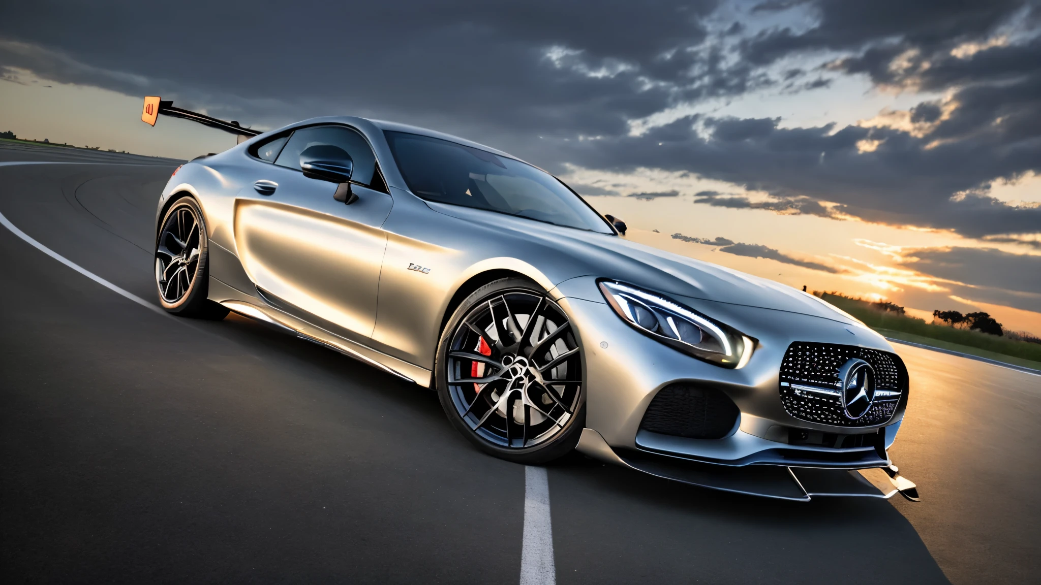 A Mercedes Benz driving on a city track, racing road, racing race sign, silver metal body, glass windows, metallic reflection, city track, tall building, sunset, photography, art station trend, sharp focus, intricate detail, high detail, ambient light, ray tracing