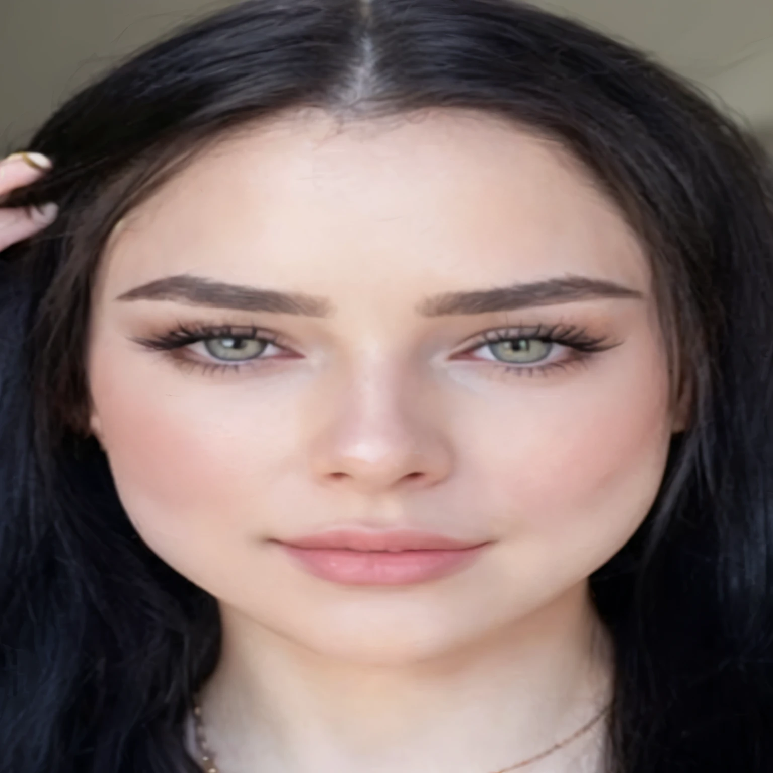 a woman with long black hair and a necklace is holding her hair up, natural soft pale skin, soft flawless pale skin, detailed perfect face, perfect face and eyes, thin light pink lips, detailed and perfect face, grey contacts, big bold thick eyebrows, pale glowing skin, detailed flawless face, natural straight eyebrows, sexy face with full makeup, thick bushy straight eyebrows