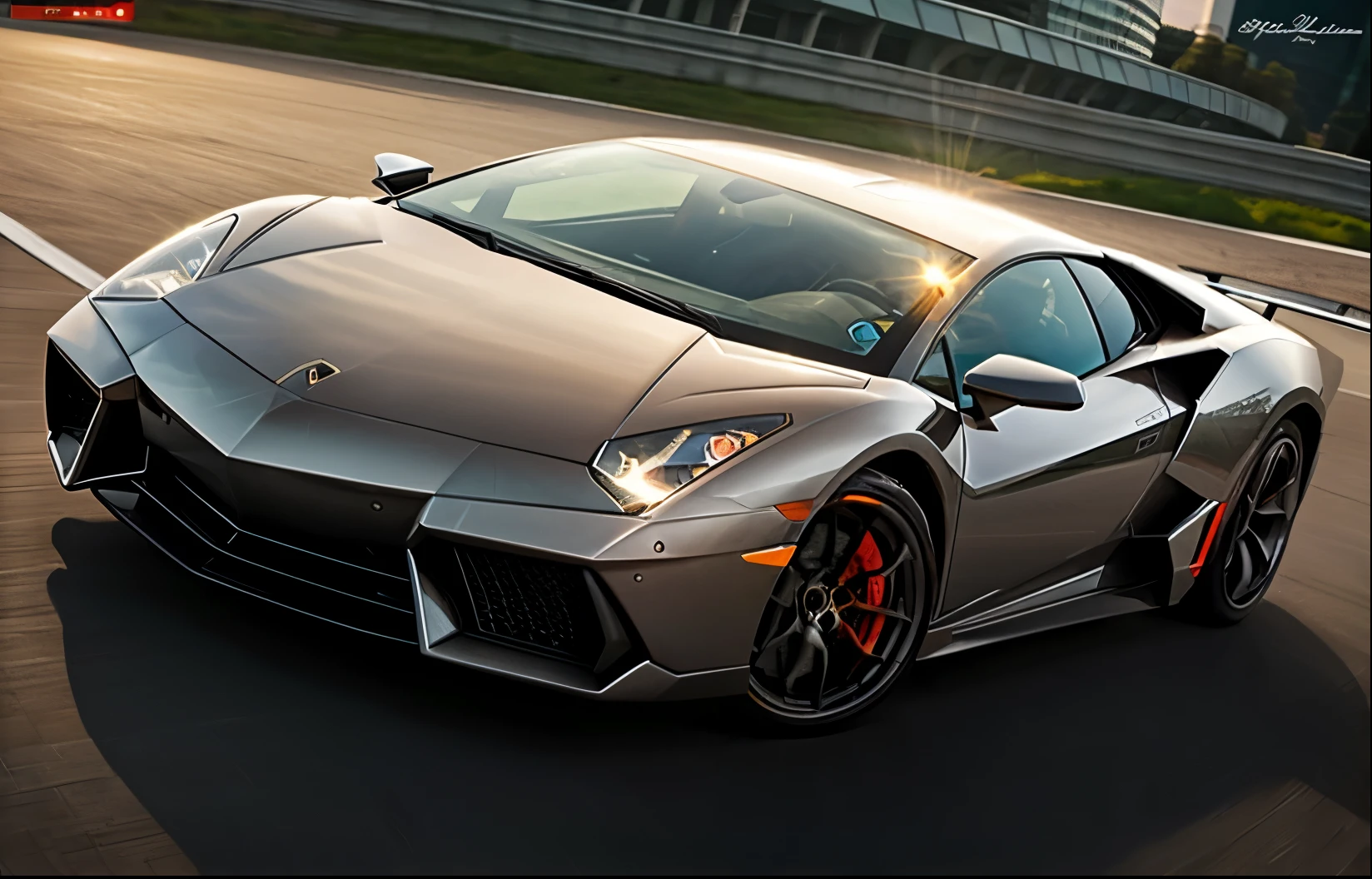A lamborghini driving on a city track, racing road, racing race sign, silver metal body, glass windows, metallic reflection, city track, tall building, sunset, photography, art station trend, sharp focus, intricate detail, high detail, ambient light, ray tracing
