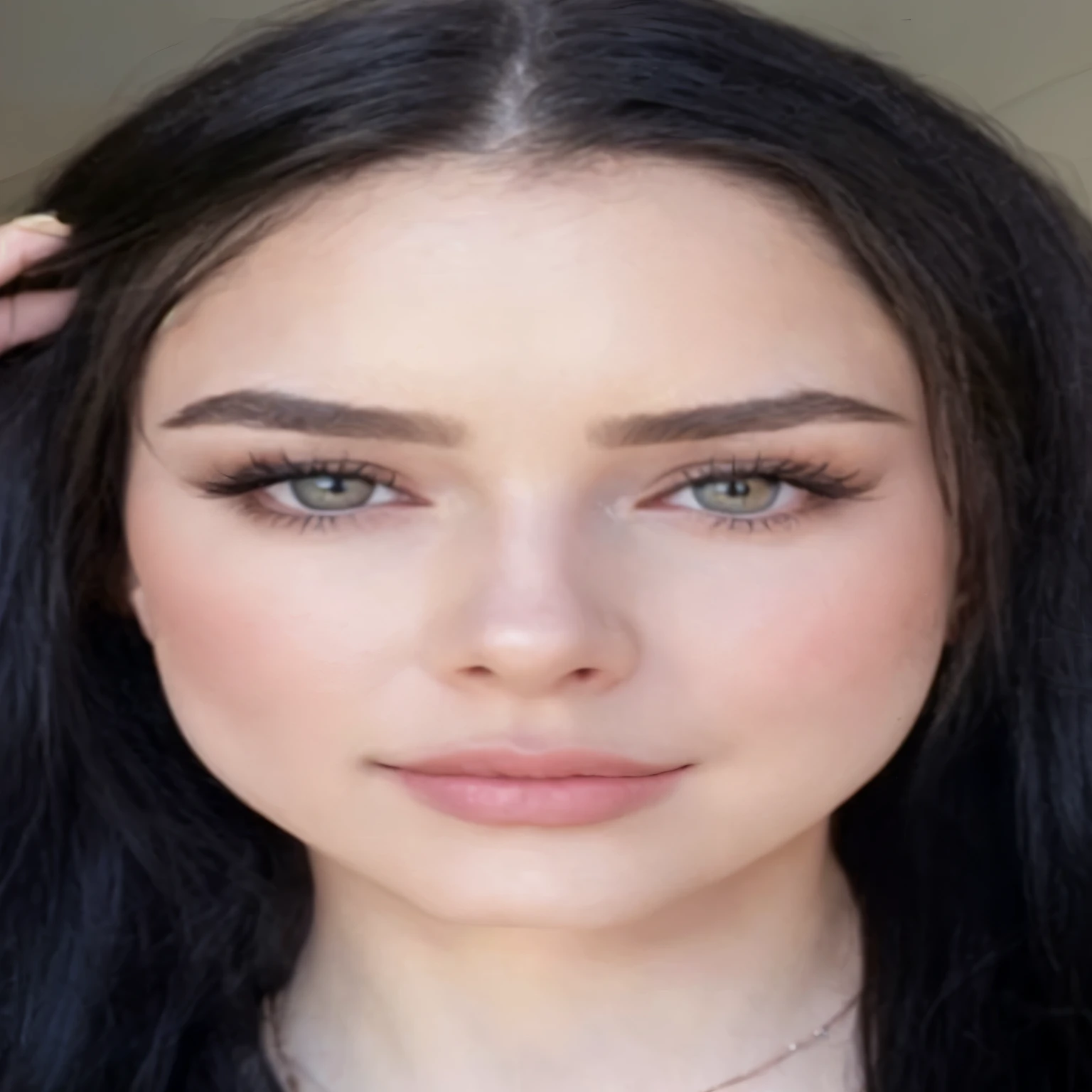 a woman with long black hair and a necklace is holding her hair up, natural soft pale skin, soft flawless pale skin, detailed perfect face, perfect face and eyes, thin light pink lips, detailed and perfect face, grey contacts, big bold thick eyebrows, pale glowing skin, detailed flawless face, natural straight eyebrows, sexy face with full makeup, thick bushy straight eyebrows