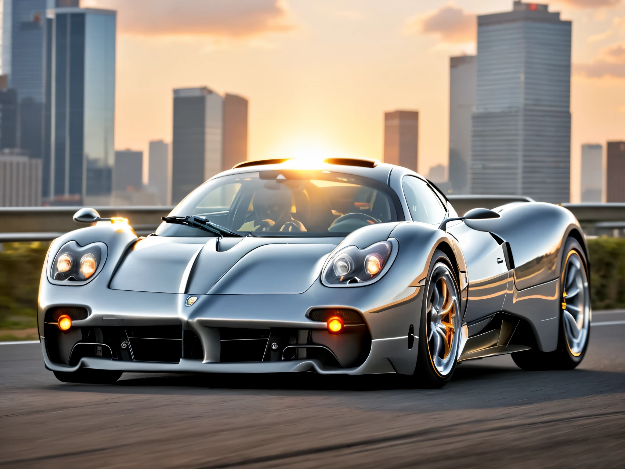 A pagani driving, racing road, racing race sign, silver metal body, glass windows, metallic reflection, city track, tall building, sunset, photography, art station trend, sharp focus, intricate detail, high detail, ambient light, ray tracing