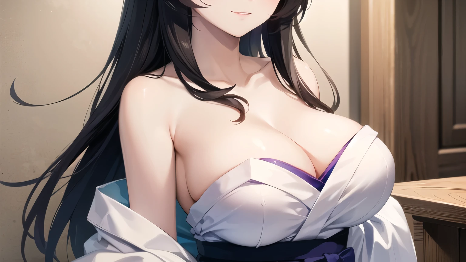 (((masterpiece, best quality))), (((superior quality))), cute girl, ((extremely detailed girl)), (huge breasts), (yukata), (bare shoulders), strapless top, slight smile