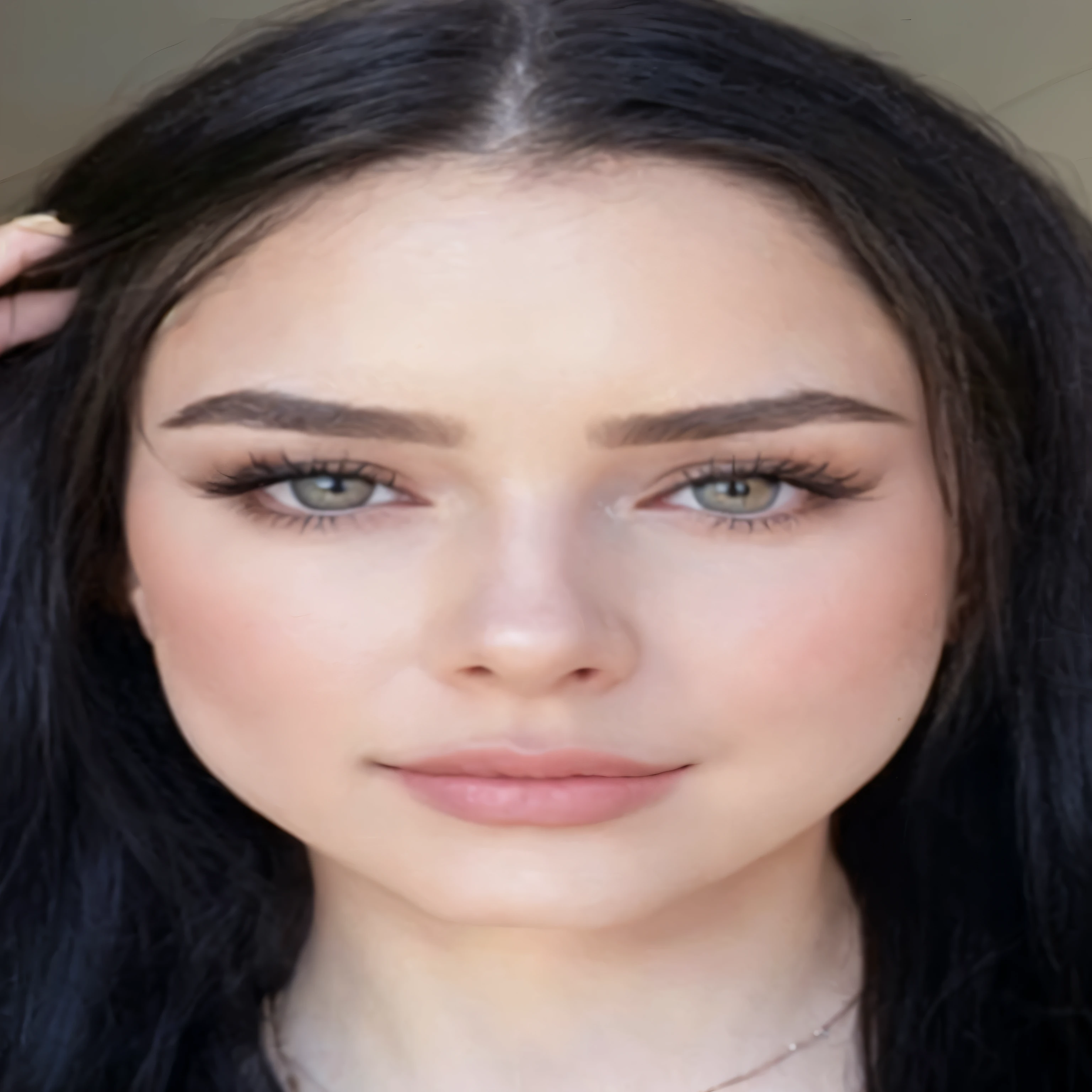 a woman with long black hair and a necklace is holding her hair up, natural soft pale skin, soft flawless pale skin, detailed perfect face, perfect face and eyes, thin light pink lips, detailed and perfect face, grey contacts, big bold thick eyebrows, pale glowing skin, detailed flawless face, natural straight eyebrows, sexy face with full makeup, thick bushy straight eyebrows