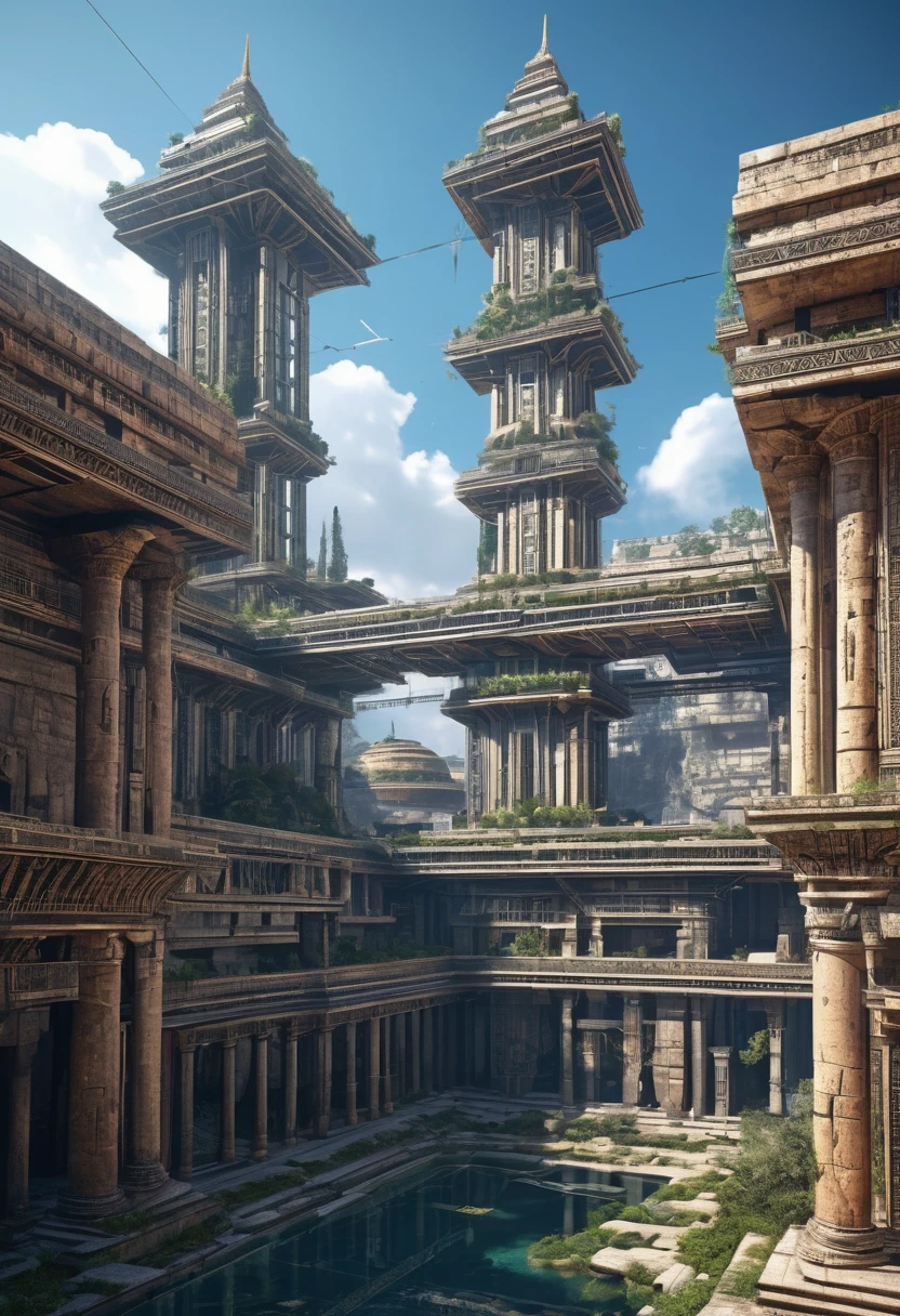 Ancient architectural complexes, connected by crossings, new discoveries, science fiction, realistic, high quality images