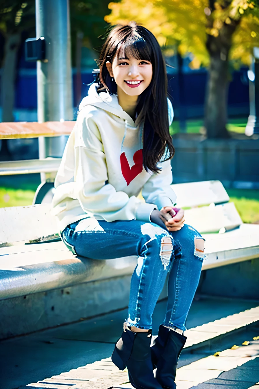 A neat and beautiful woman sitting on a park bench、hoodie、skinny denim、boots、black hair、ear piercing、hair band、refreshing smile、smile showing teeth、full body photo、