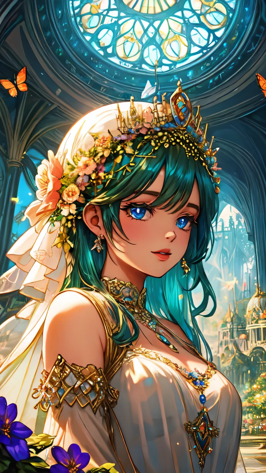 the queen of the light,detailed face,detailed eyes, dressed in a see-through dress, background is fantastic, flower garden, dome, colorful flowers, magical atmosphere, whimsical architecture, sunlight streaming through stained glass, butterflies dancing in the air, sparkling water fountains, lush greenery, vibrant colors, surreal landscape [best quality, highres], dreamlike scenery, ethereal beauty, soft lighting, enchanting ambience