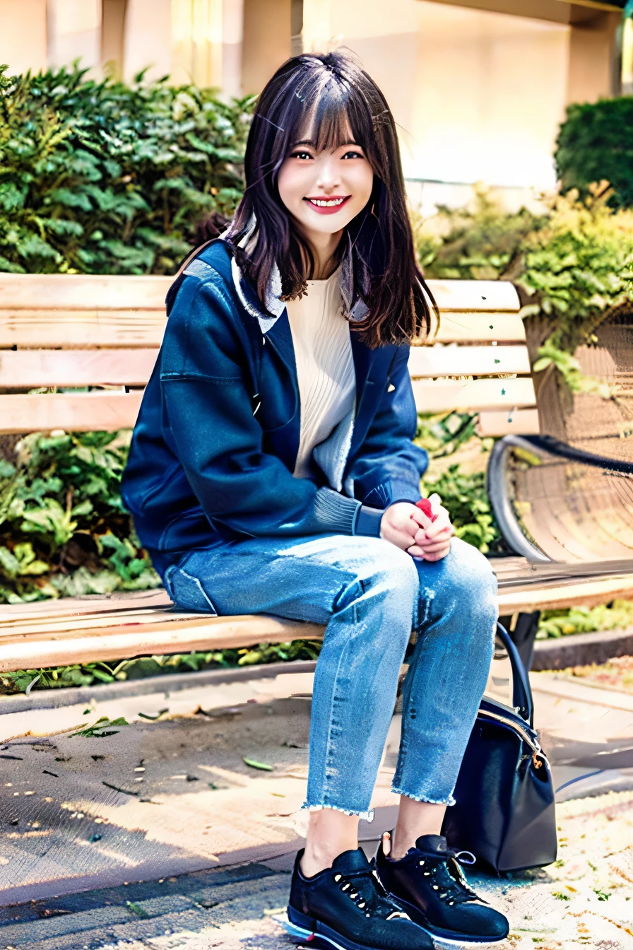 A neat and beautiful woman sitting on a park bench、hoodie、skinny denim、pumps、black hair、refreshing smile、smile showing teeth、full body photo